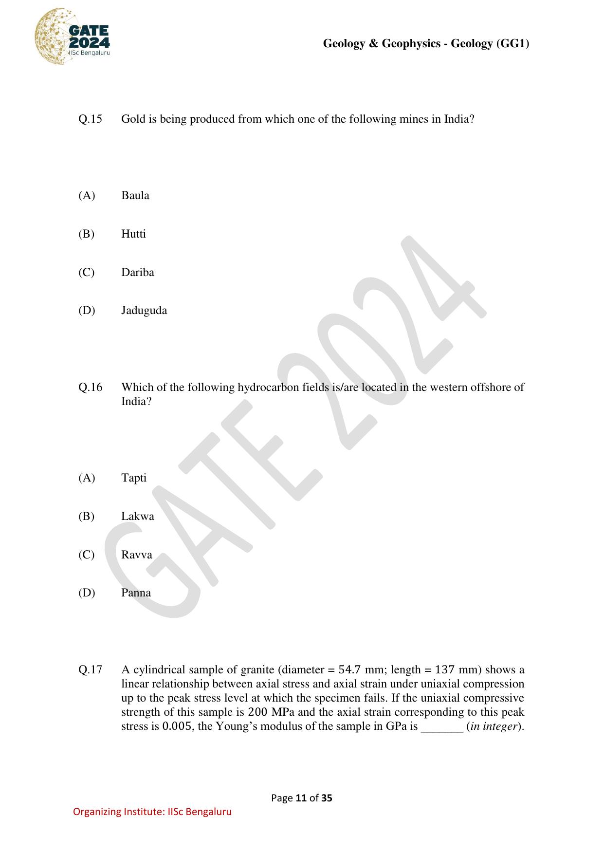 GATE 2024 Geology and Geophysics - Geology (GG-1) Question Paper - Page 11