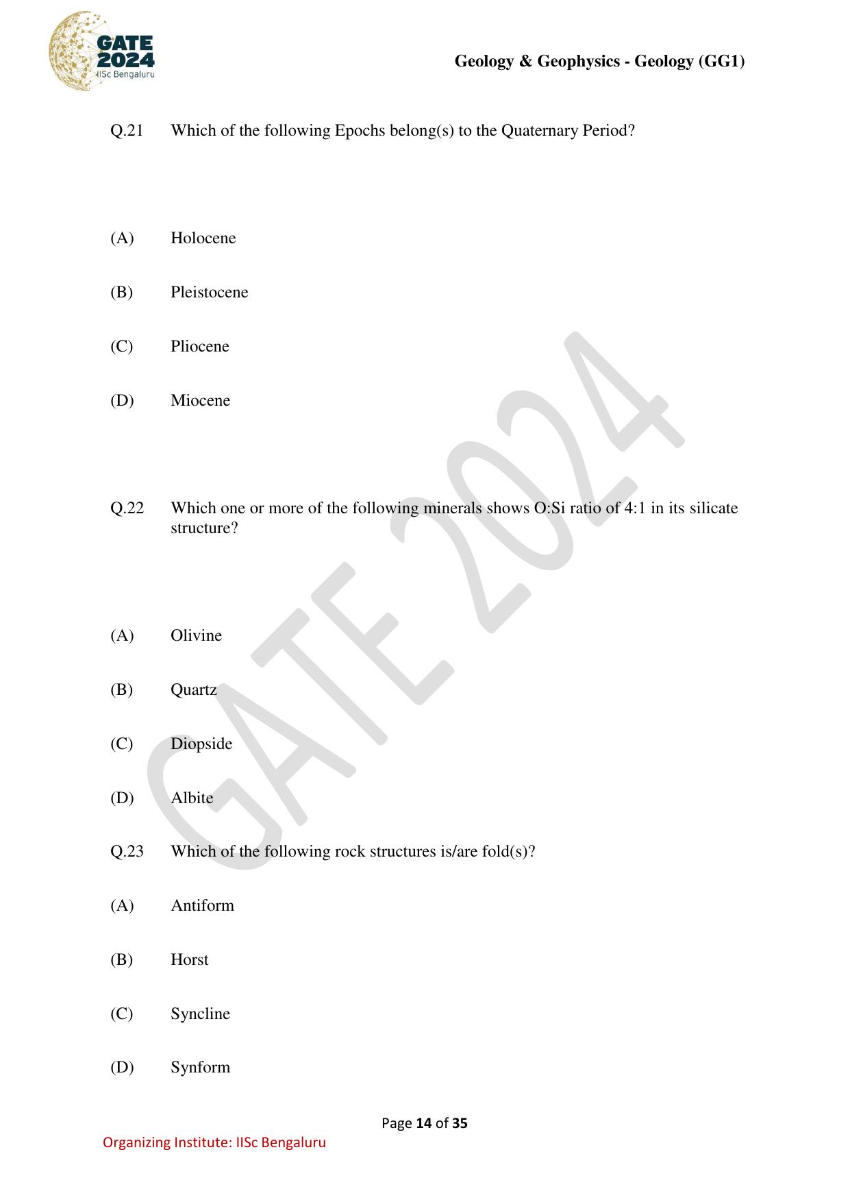 GATE 2024 Geology and Geophysics - Geology (GG-1) Question Paper - Page 14