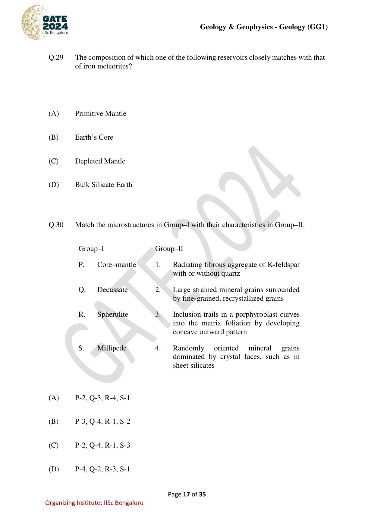 GATE 2024 Geology and Geophysics - Geology (GG-1) Question Paper - Page 17