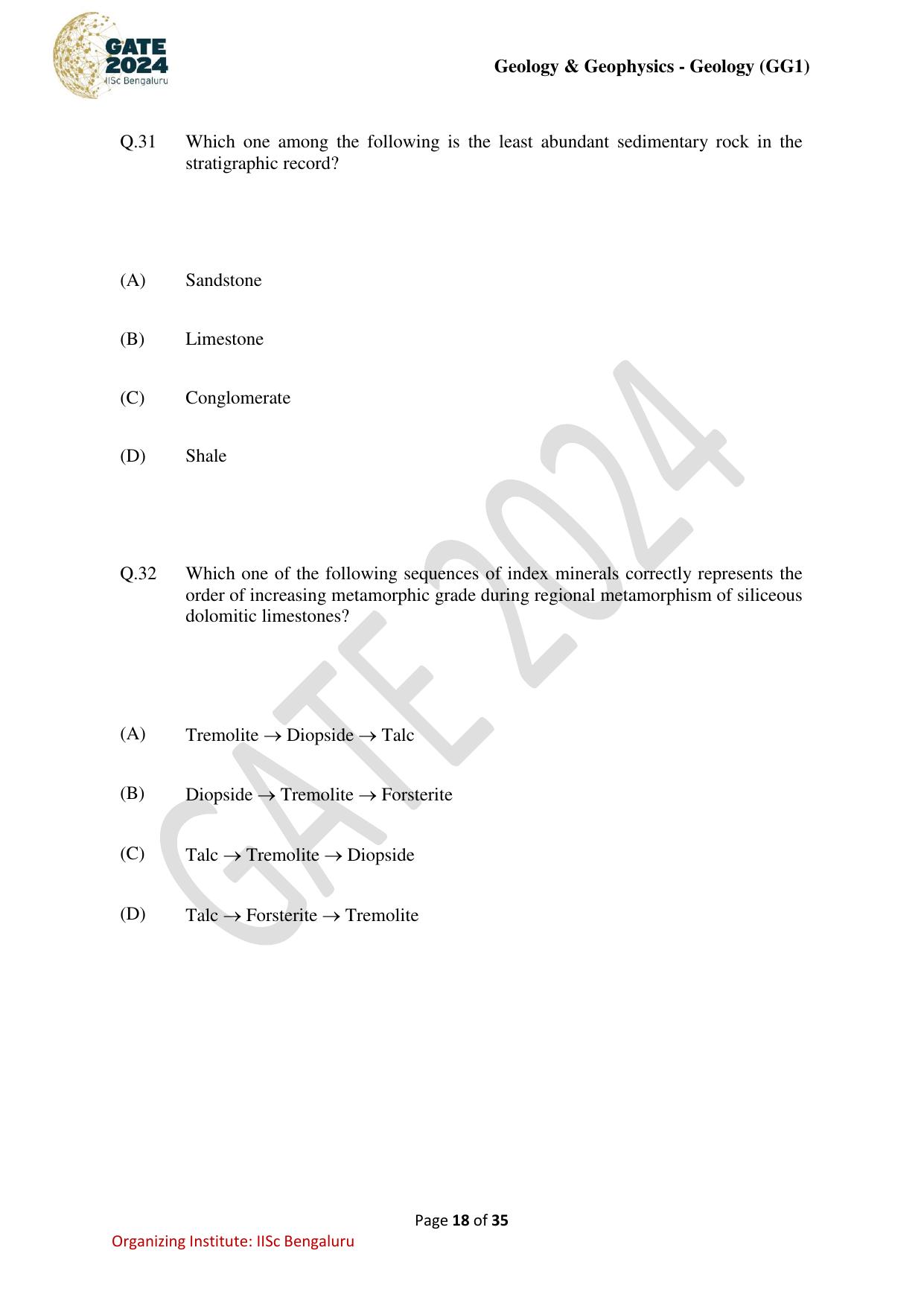 GATE 2024 Geology and Geophysics - Geology (GG-1) Question Paper - Page 18