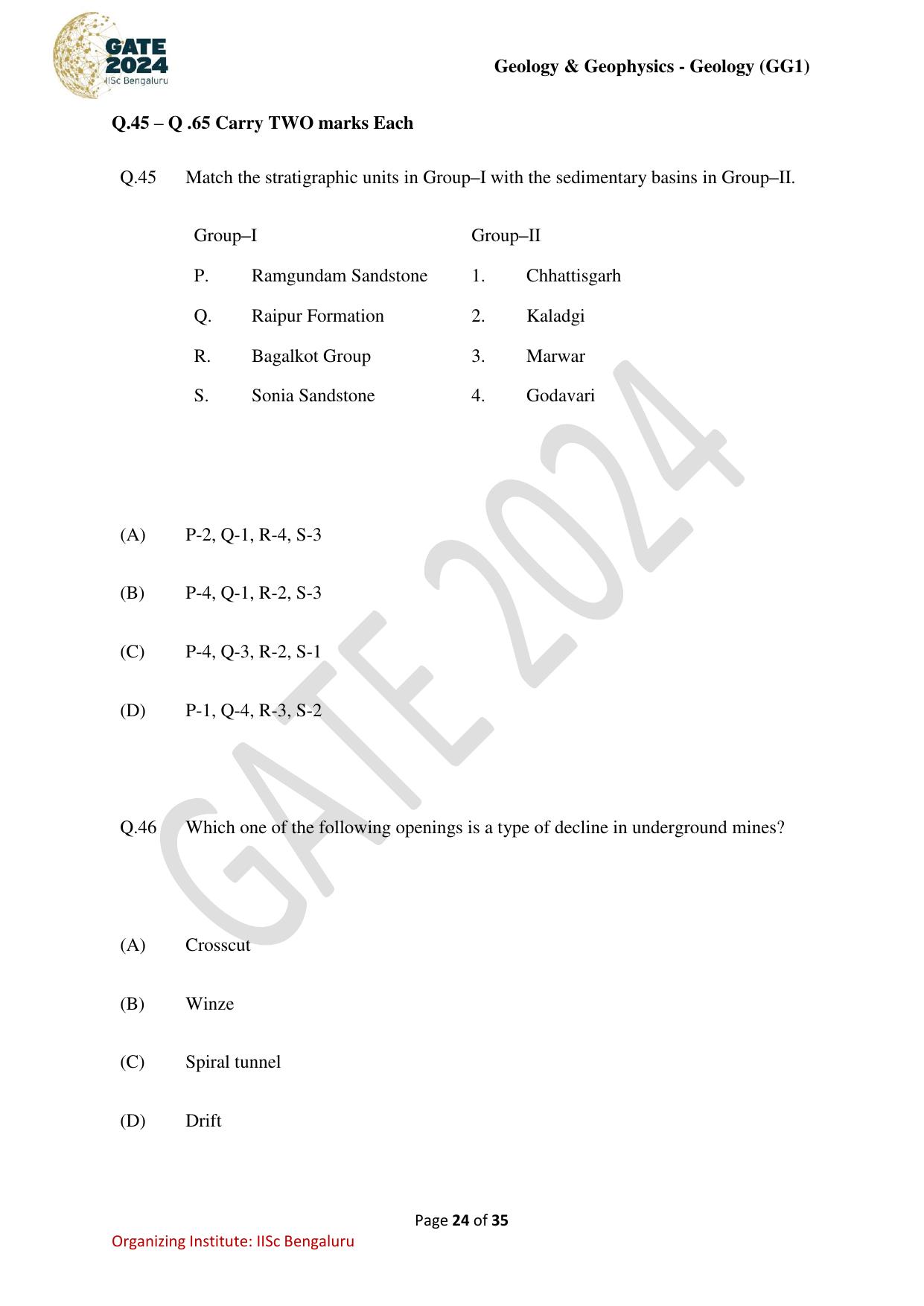 GATE 2024 Geology and Geophysics - Geology (GG-1) Question Paper - Page 24