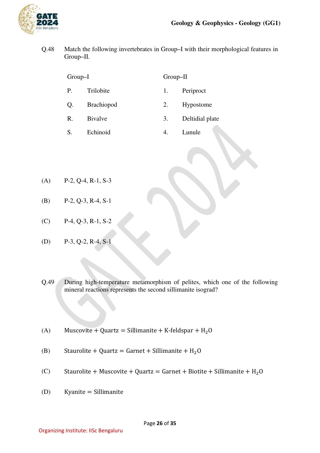 GATE 2024 Geology and Geophysics - Geology (GG-1) Question Paper - Page 26