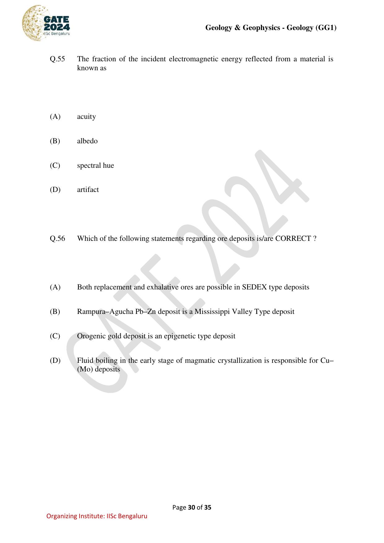 GATE 2024 Geology and Geophysics - Geology (GG-1) Question Paper - Page 30
