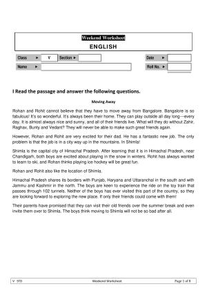 Worksheet for Class 5 English Passage Assignment 2