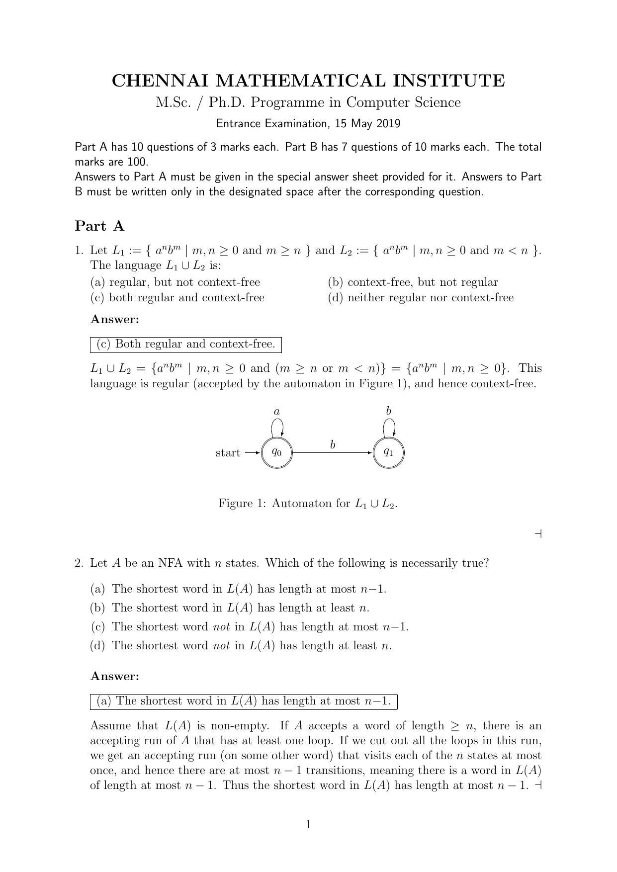 CMI Entrance Exam 2019 Solutions MSc/PhD Computer Science - Page 1
