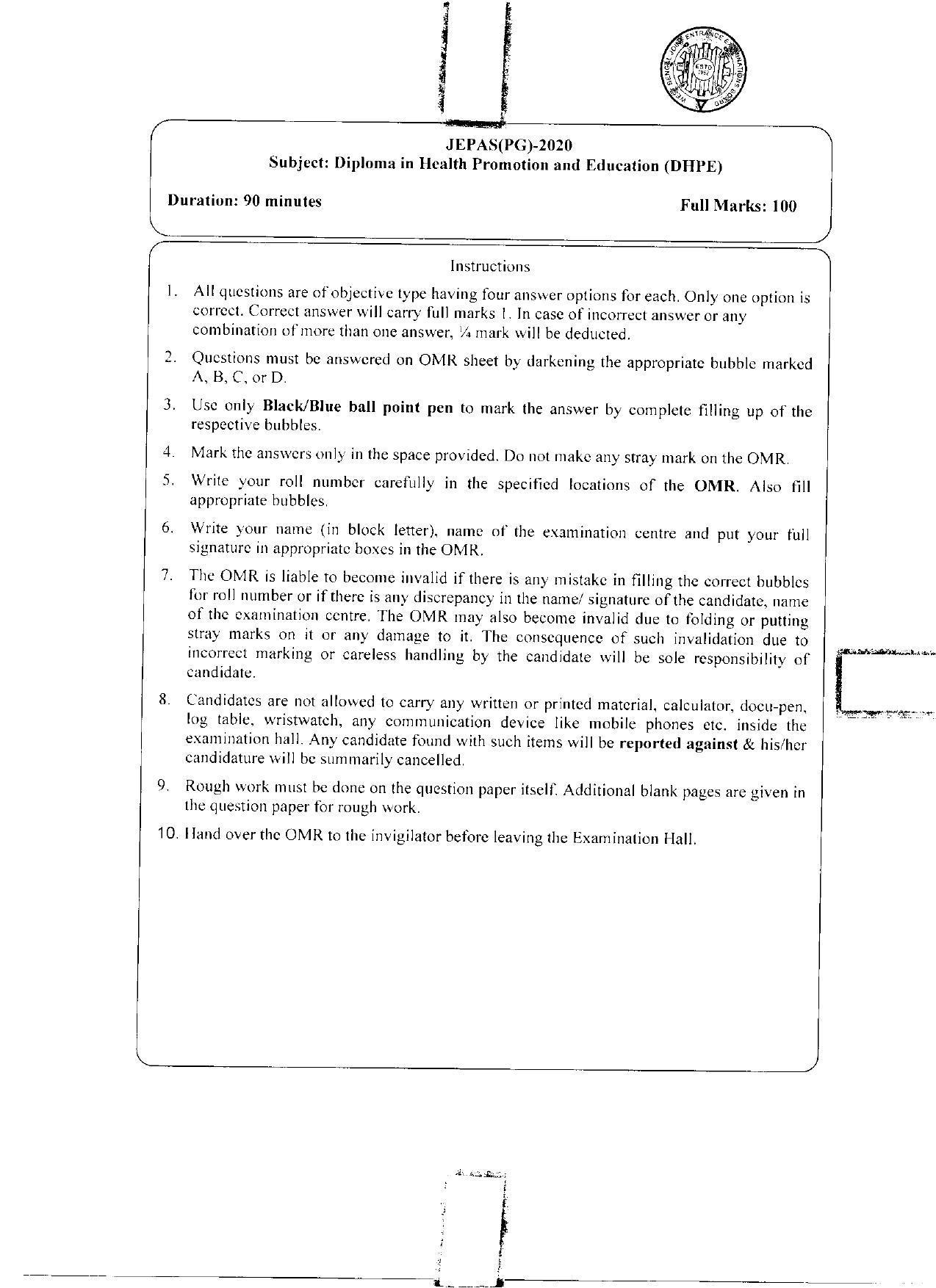 WBJEEB JEMAS (PG) 2020 DHPE Question Paper - Page 1