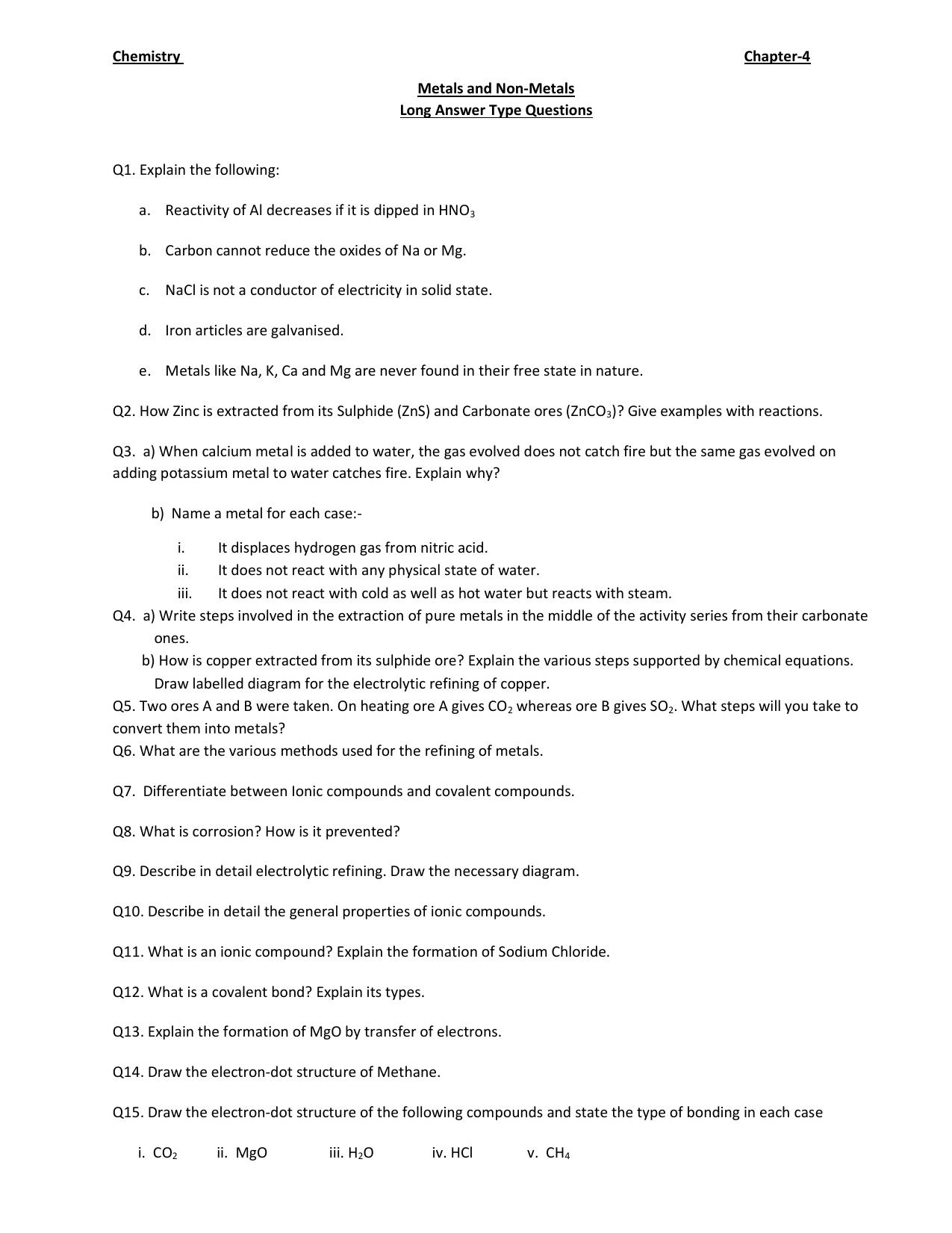 JKBOSE Class 10 Metals and Non Metals (Chemistry) Question Bank - Page 1