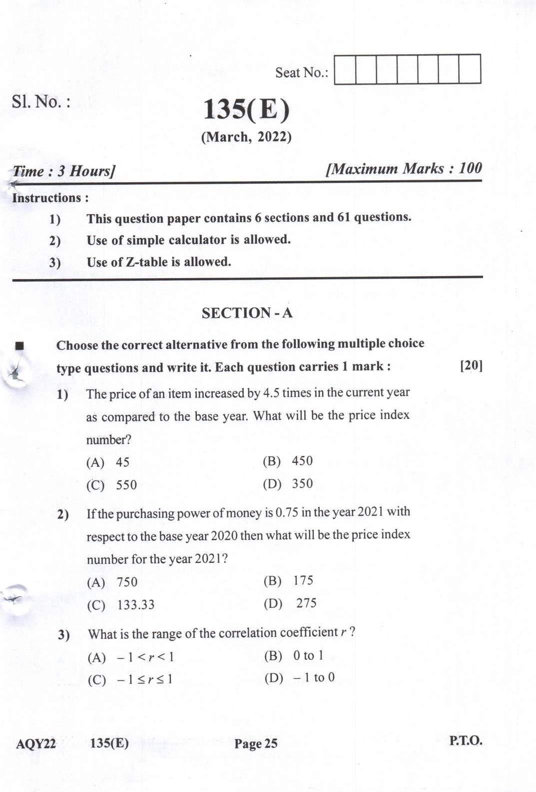 Gujarat Board Class 12th Question Paper 2022: (GHE) Statistics - Page 25
