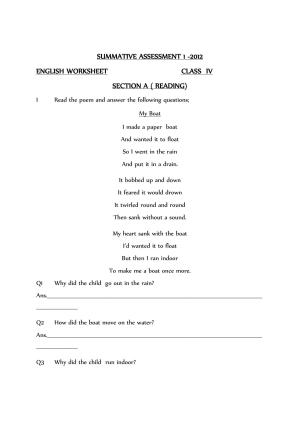 Worksheet for Class 4 English Assignment 138 Reading