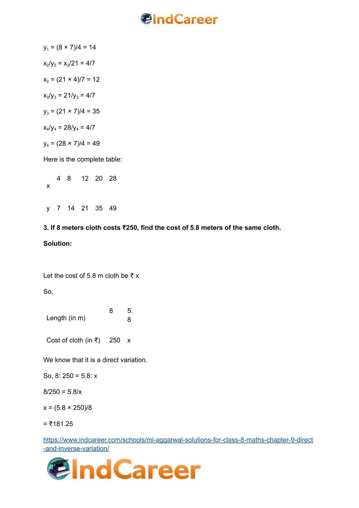 ML Aggarwal Solutions for Class 8 Maths Chapter 9- Direct and Inverse Variation - Page 5