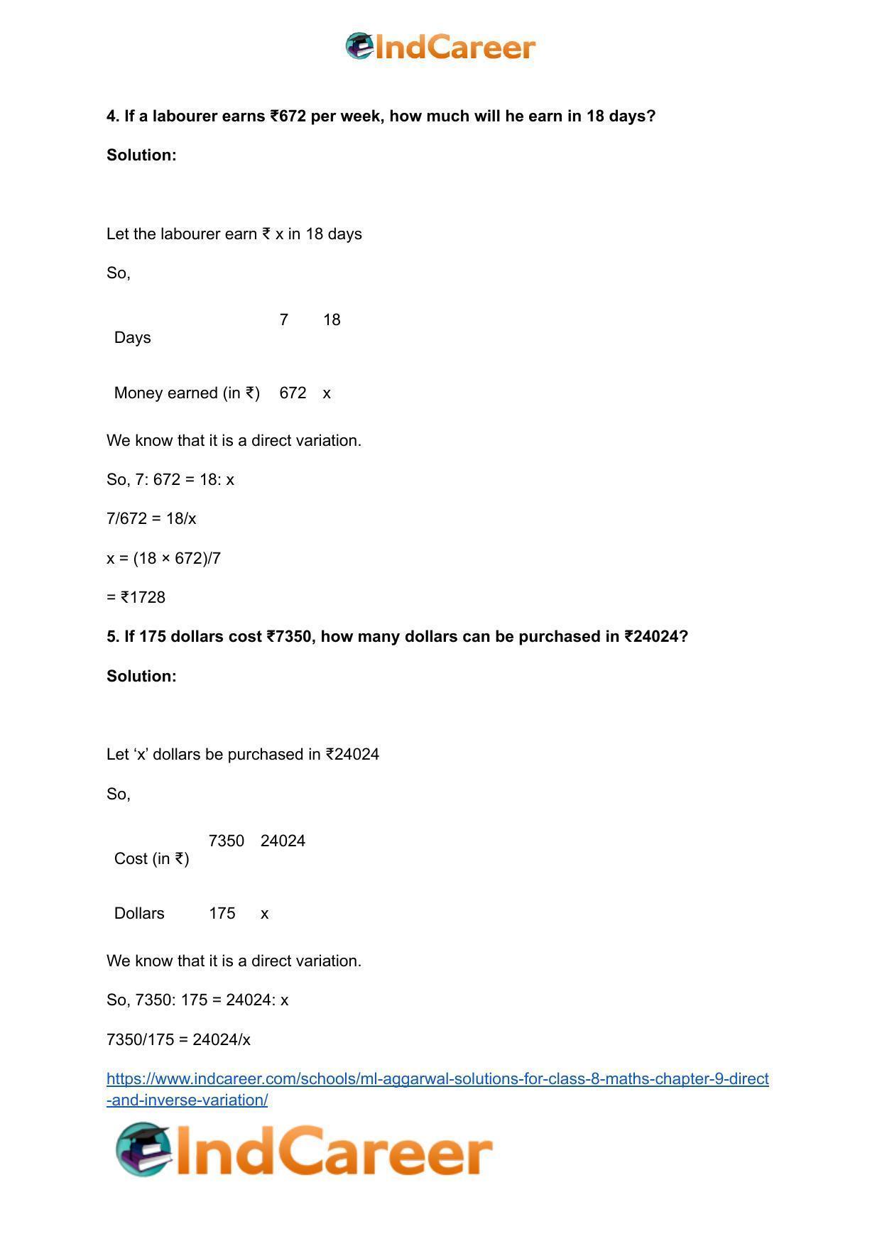 ML Aggarwal Solutions for Class 8 Maths Chapter 9- Direct and Inverse Variation - Page 6