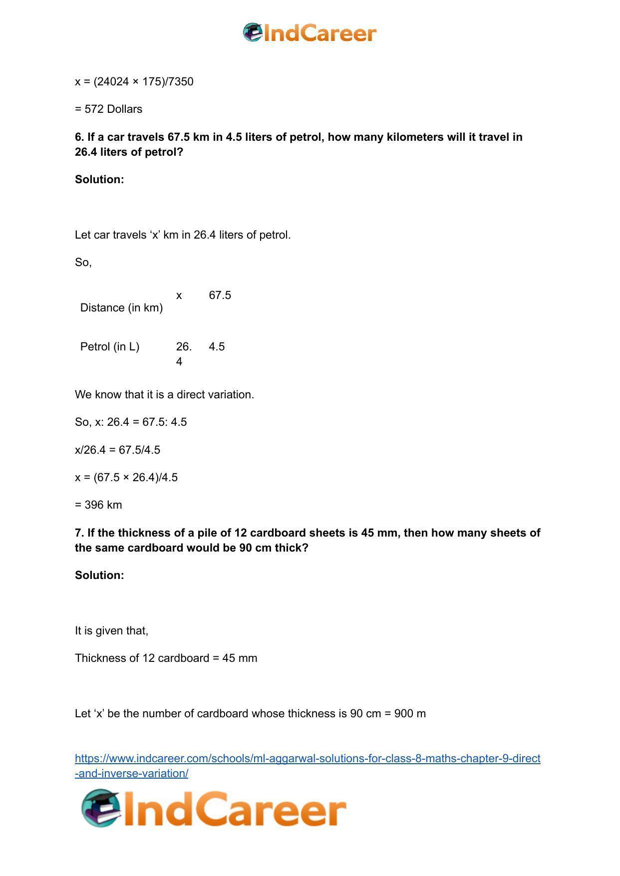ML Aggarwal Solutions for Class 8 Maths Chapter 9- Direct and Inverse Variation - Page 7