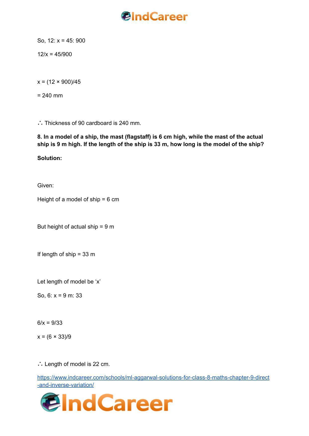 ML Aggarwal Solutions for Class 8 Maths Chapter 9- Direct and Inverse Variation - Page 8