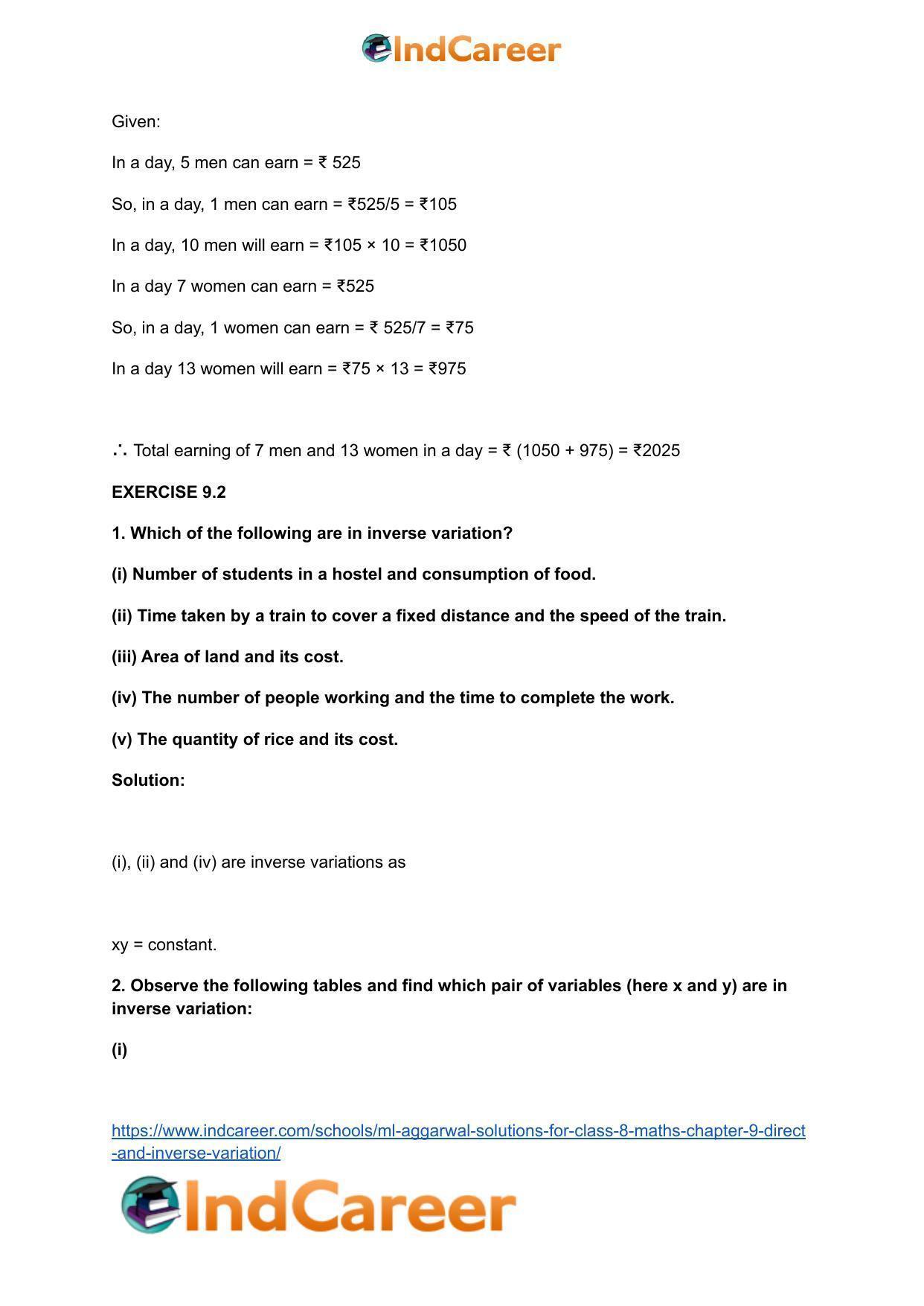 ML Aggarwal Solutions for Class 8 Maths Chapter 9- Direct and Inverse Variation - Page 12