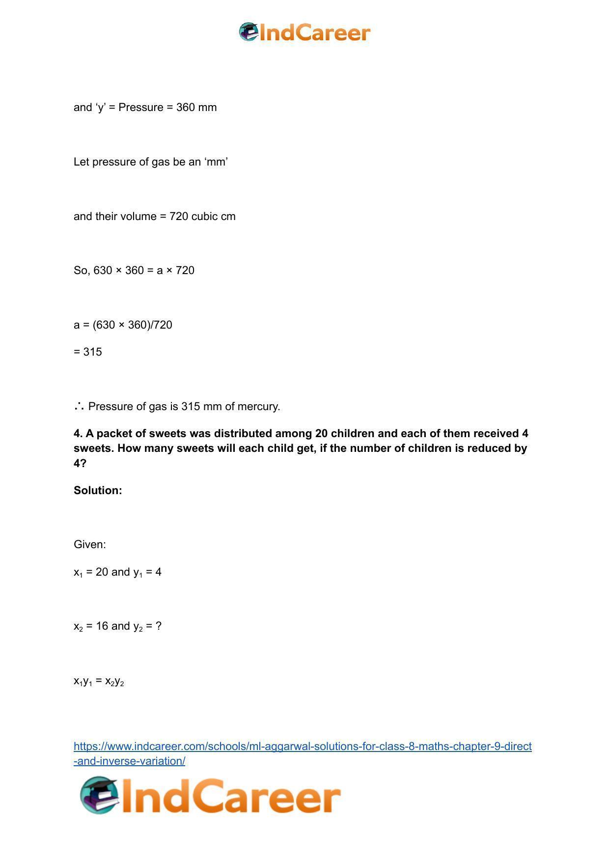 ML Aggarwal Solutions for Class 8 Maths Chapter 9- Direct and Inverse Variation - Page 15
