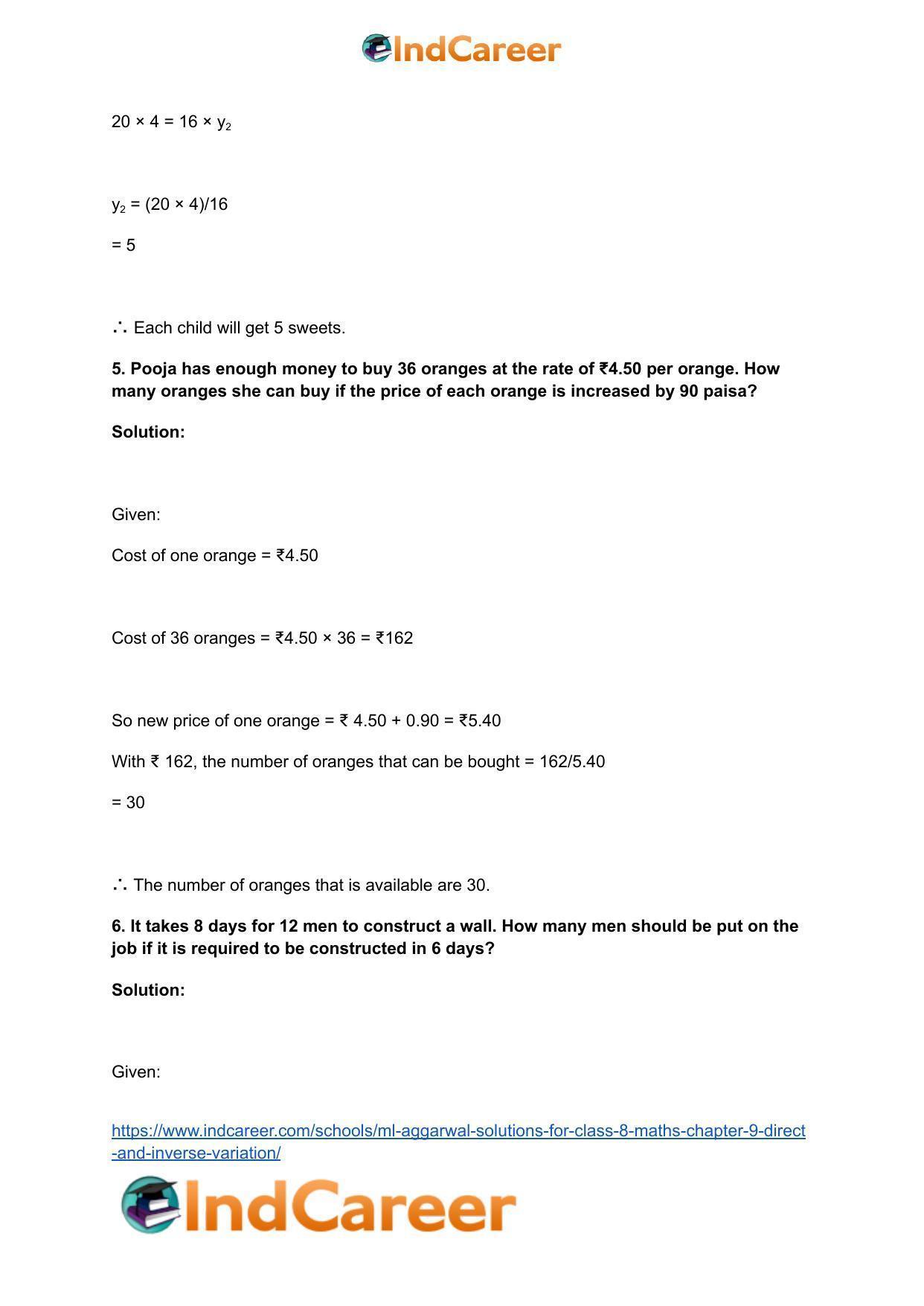 ML Aggarwal Solutions for Class 8 Maths Chapter 9- Direct and Inverse Variation - Page 16