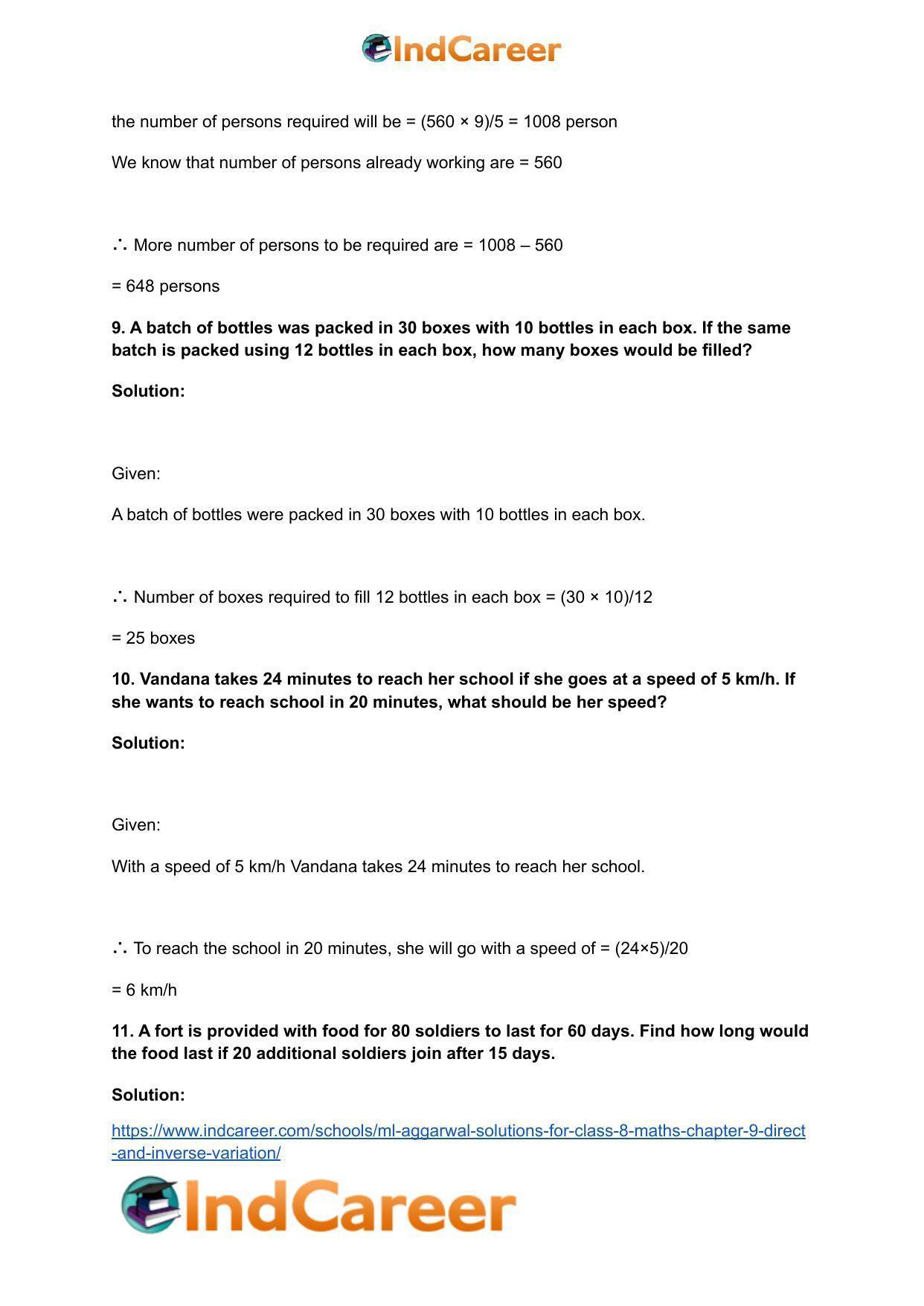 ML Aggarwal Solutions for Class 8 Maths Chapter 9- Direct and Inverse Variation - Page 18