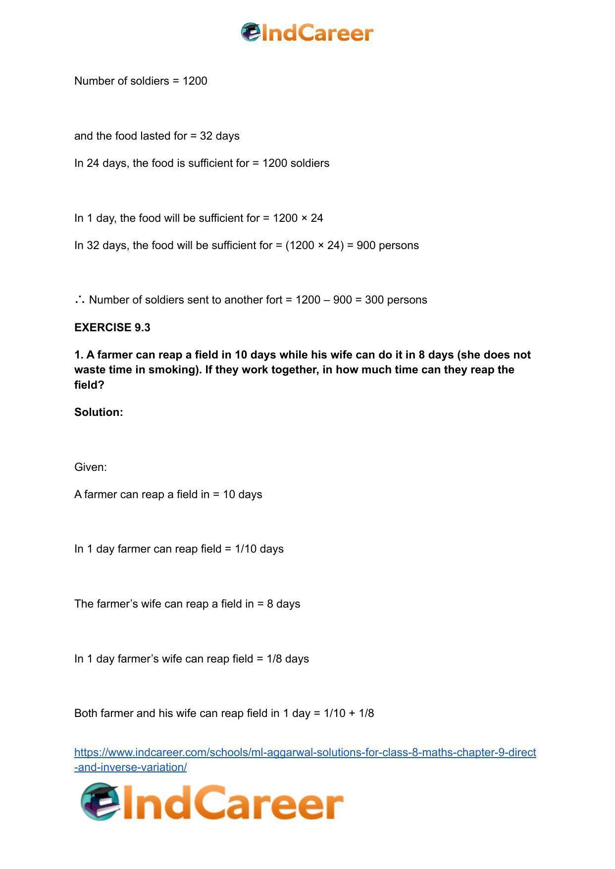 ML Aggarwal Solutions for Class 8 Maths Chapter 9- Direct and Inverse Variation - Page 20