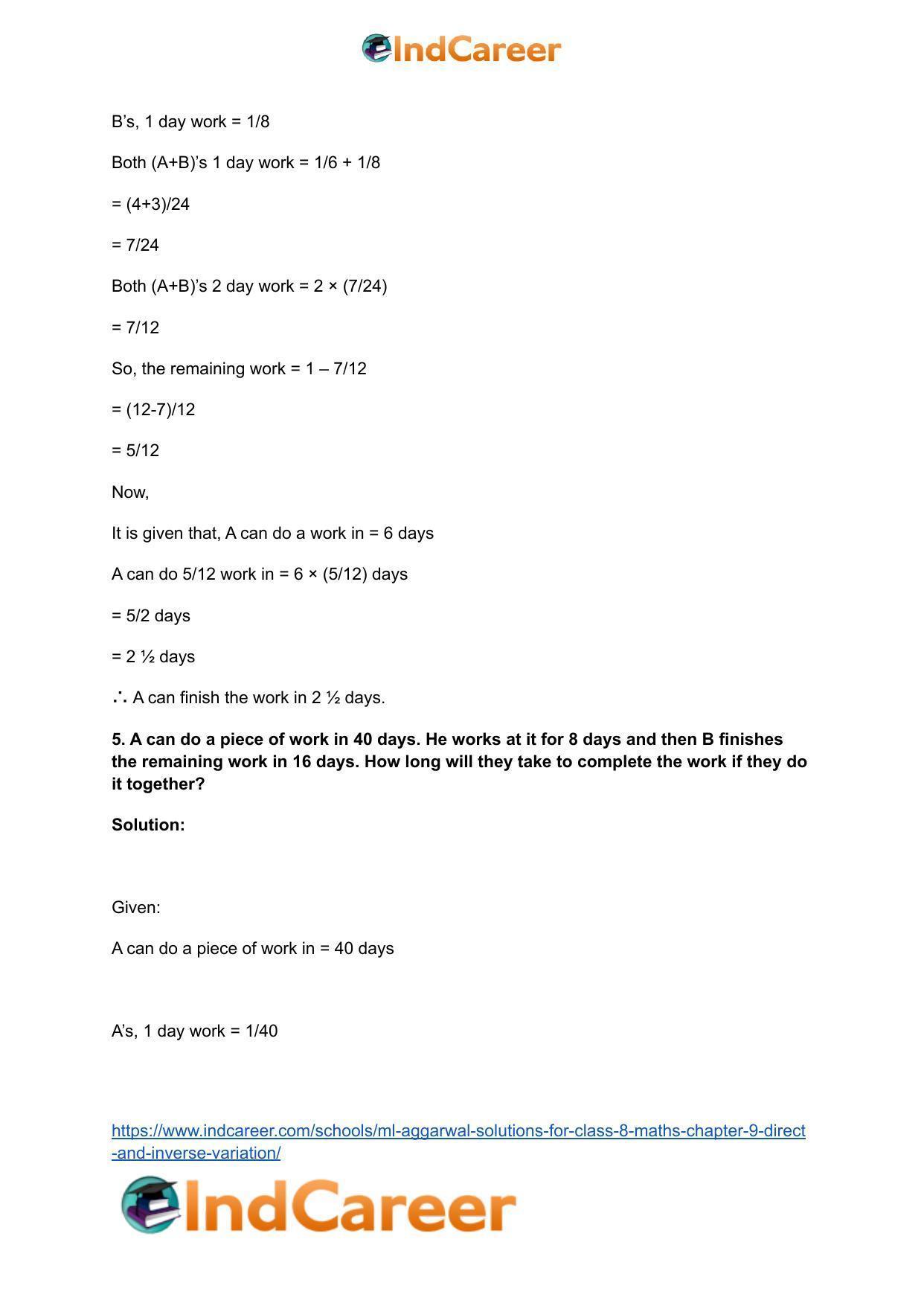 ML Aggarwal Solutions for Class 8 Maths Chapter 9- Direct and Inverse Variation - Page 23