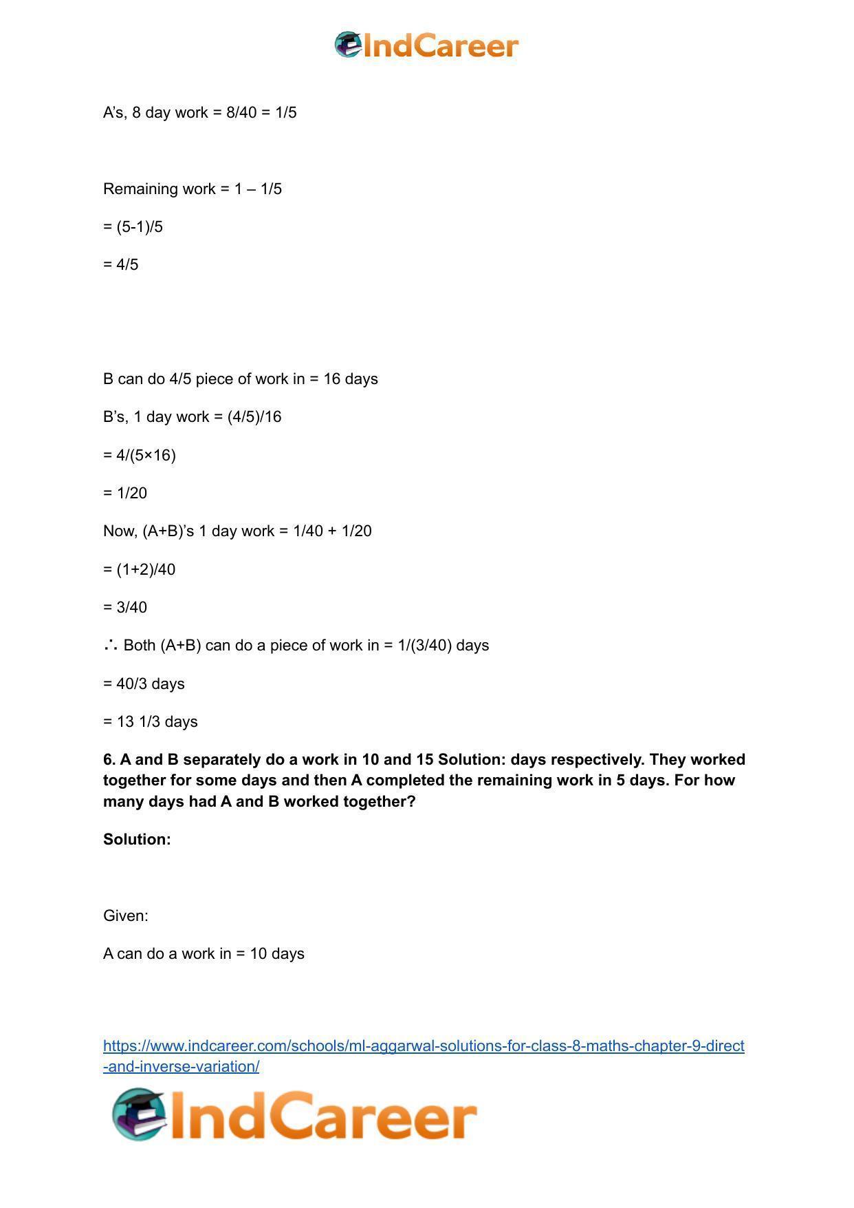 ML Aggarwal Solutions for Class 8 Maths Chapter 9- Direct and Inverse Variation - Page 24