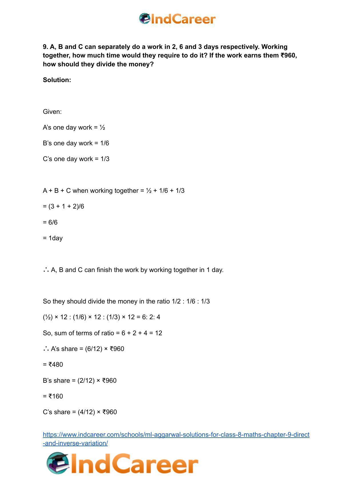 ML Aggarwal Solutions for Class 8 Maths Chapter 9- Direct and Inverse Variation - Page 28