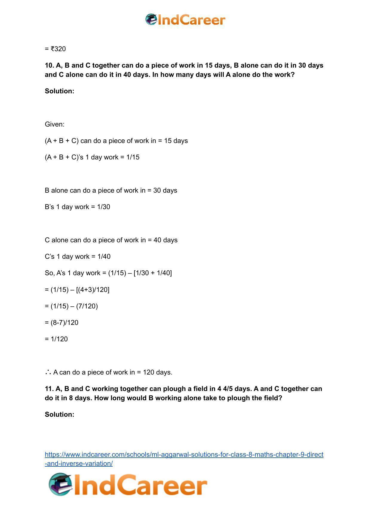 ML Aggarwal Solutions for Class 8 Maths Chapter 9- Direct and Inverse Variation - Page 29