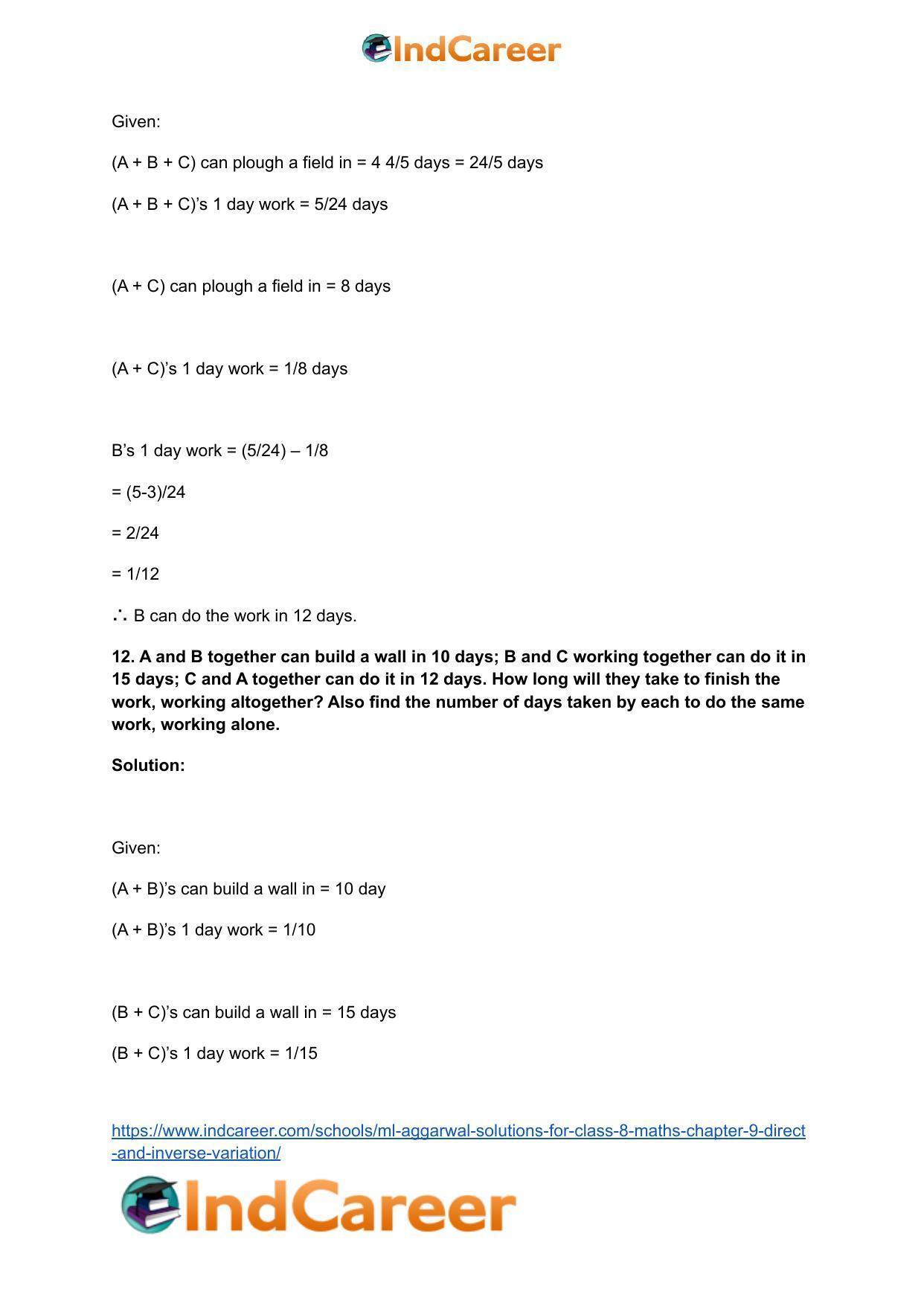 ML Aggarwal Solutions for Class 8 Maths Chapter 9- Direct and Inverse Variation - Page 30