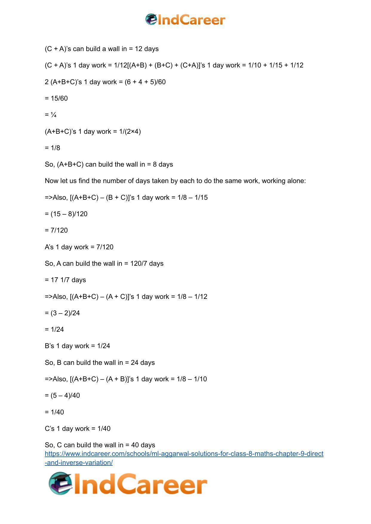 ML Aggarwal Solutions for Class 8 Maths Chapter 9- Direct and Inverse Variation - Page 31