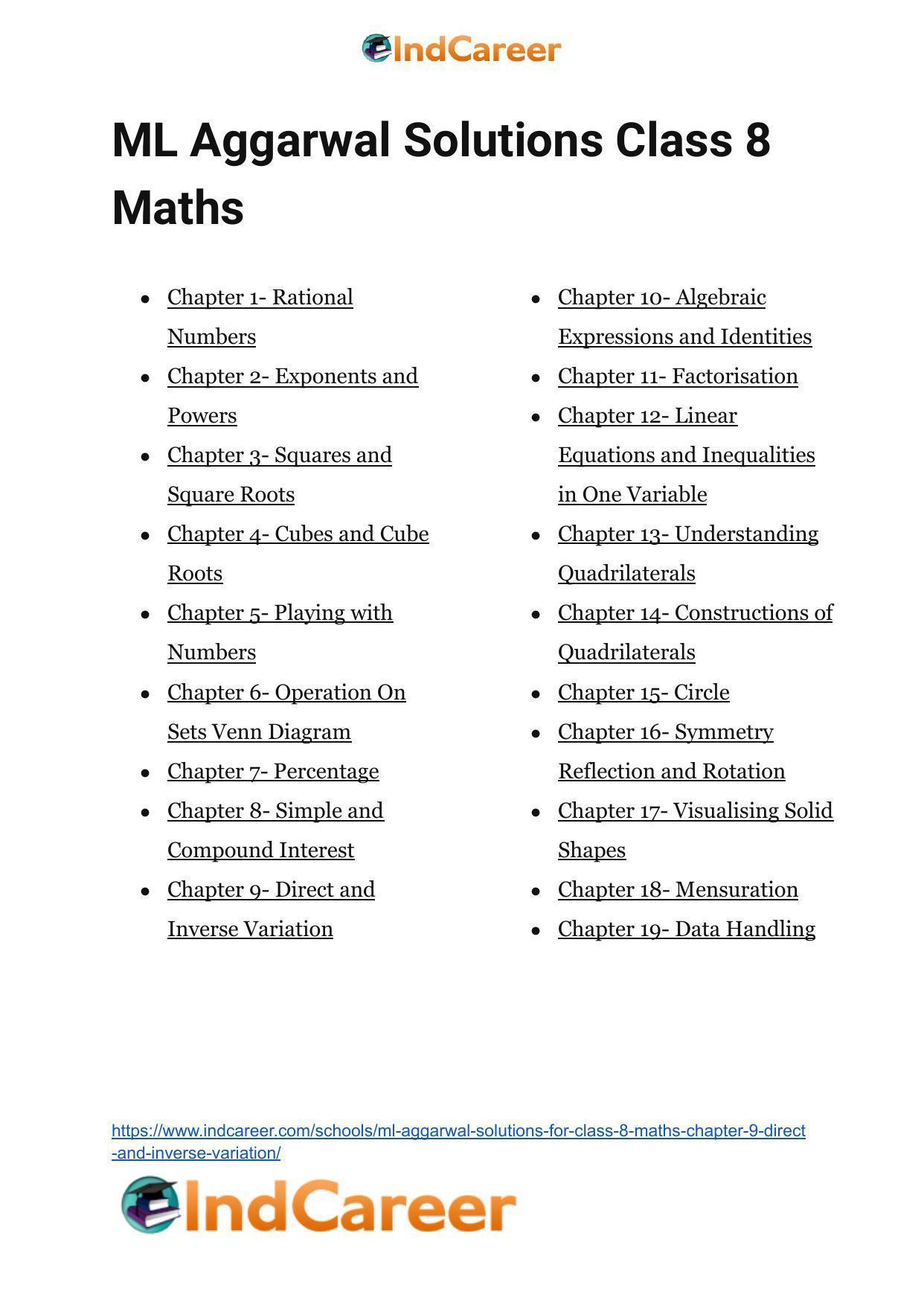 ML Aggarwal Solutions for Class 8 Maths Chapter 9- Direct and Inverse Variation - Page 33