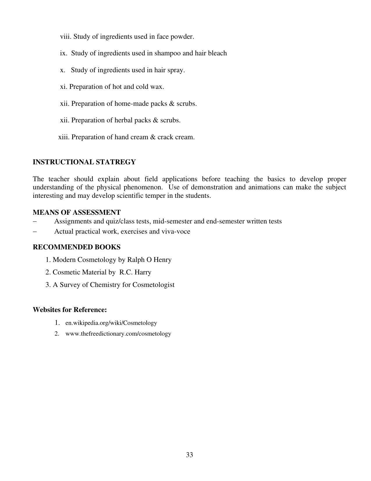 SYLLABUS FOR FIRST SEMESTER SESSION (2020-2021) - TWO SEMESTER POST GRADUATE DIPLOMA COURSE IN BEAUTY AND HEALTH CARE - Page 33
