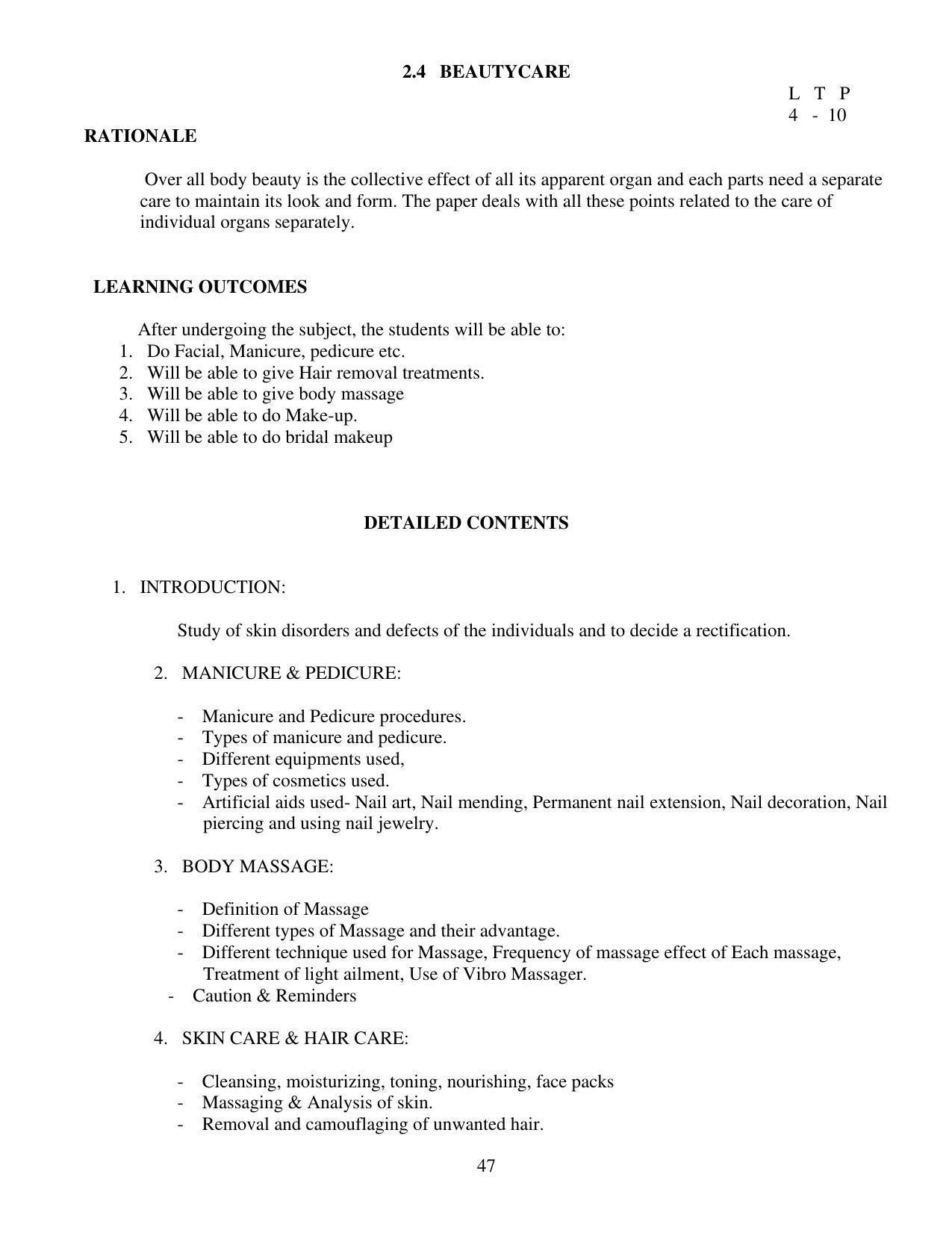 SYLLABUS FOR FIRST SEMESTER SESSION (2020-2021) - TWO SEMESTER POST GRADUATE DIPLOMA COURSE IN BEAUTY AND HEALTH CARE - Page 47