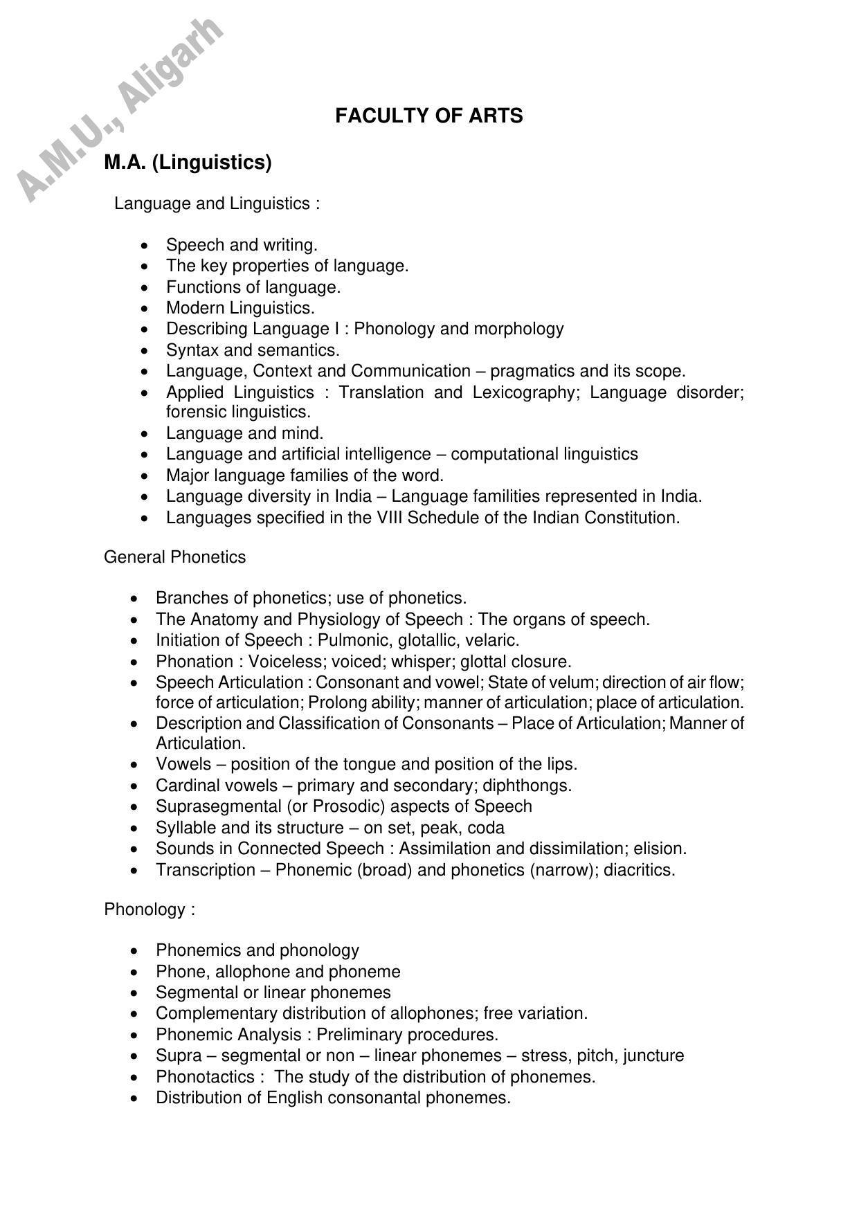 AMU Entrance Exam: AMU Entrance Exam: M.A. Linguistics Syllabus - Page 1