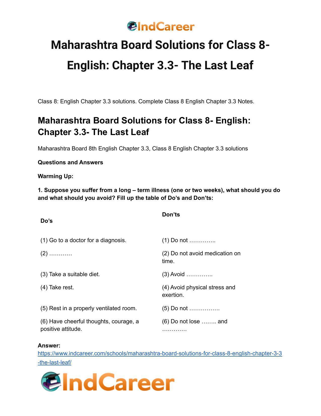 Maharashtra Board Solutions for Class 8- English: Chapter 3.3- The Last Leaf - Page 2