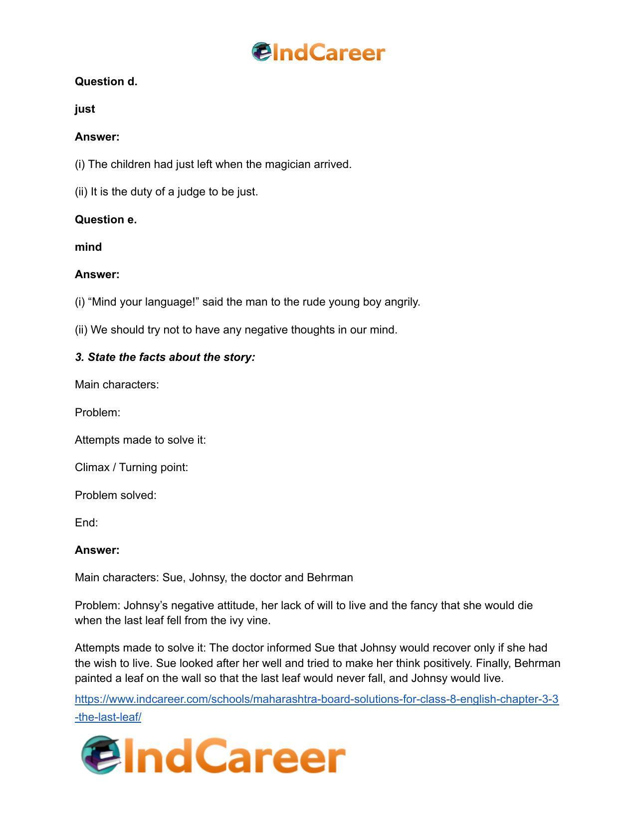 Maharashtra Board Solutions for Class 8- English: Chapter 3.3- The Last Leaf - Page 8