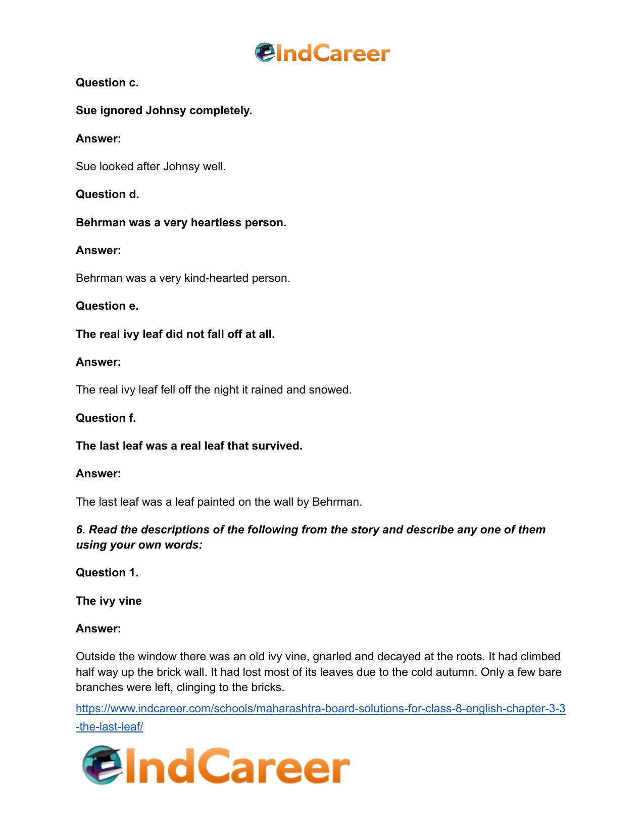 Maharashtra Board Solutions for Class 8- English: Chapter 3.3- The Last Leaf - Page 11