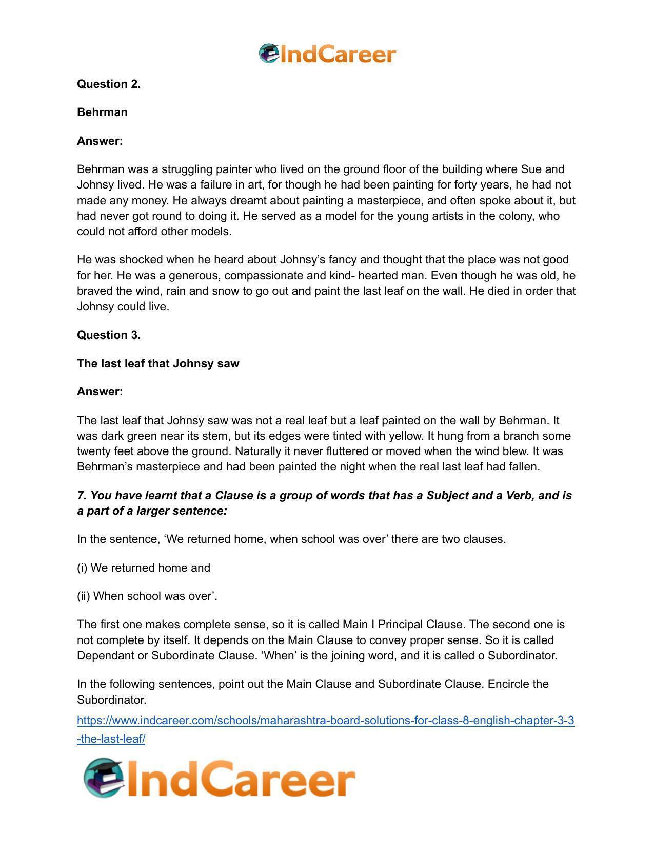 Maharashtra Board Solutions for Class 8- English: Chapter 3.3- The Last Leaf - Page 12