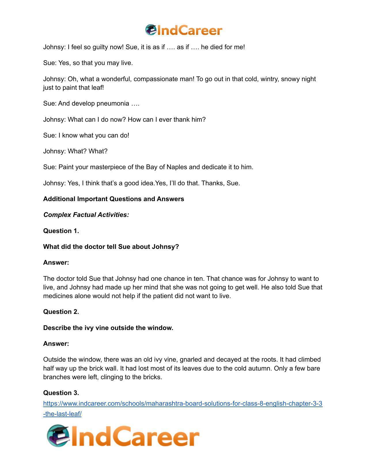 Maharashtra Board Solutions for Class 8- English: Chapter 3.3- The Last Leaf - Page 15