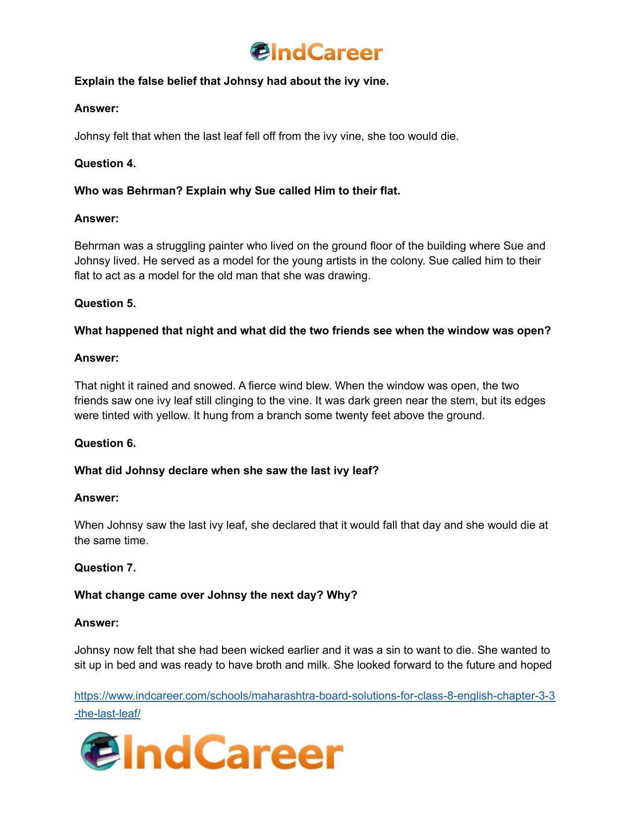 Maharashtra Board Solutions for Class 8- English: Chapter 3.3- The Last Leaf - Page 16