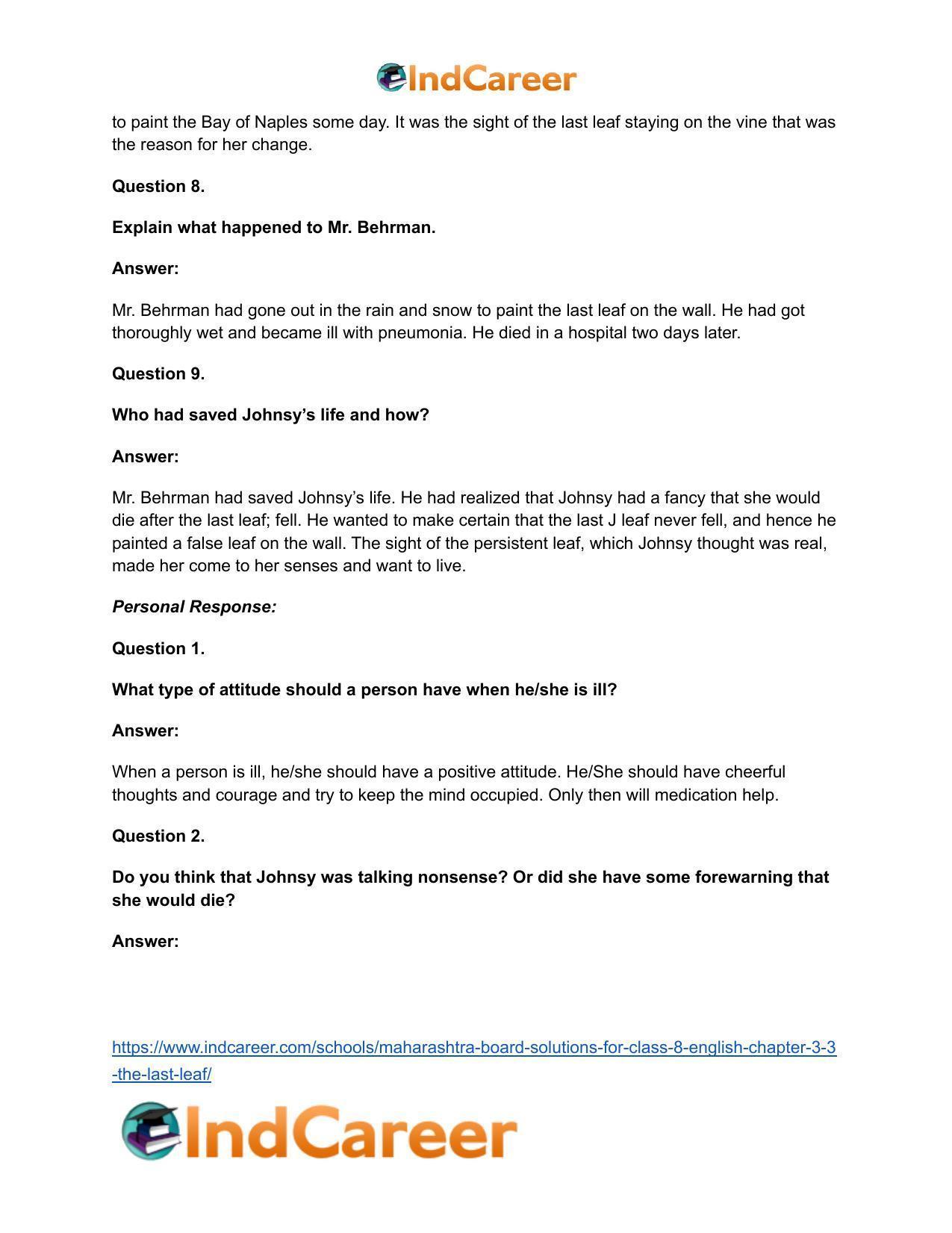 Maharashtra Board Solutions for Class 8- English: Chapter 3.3- The Last Leaf - Page 17