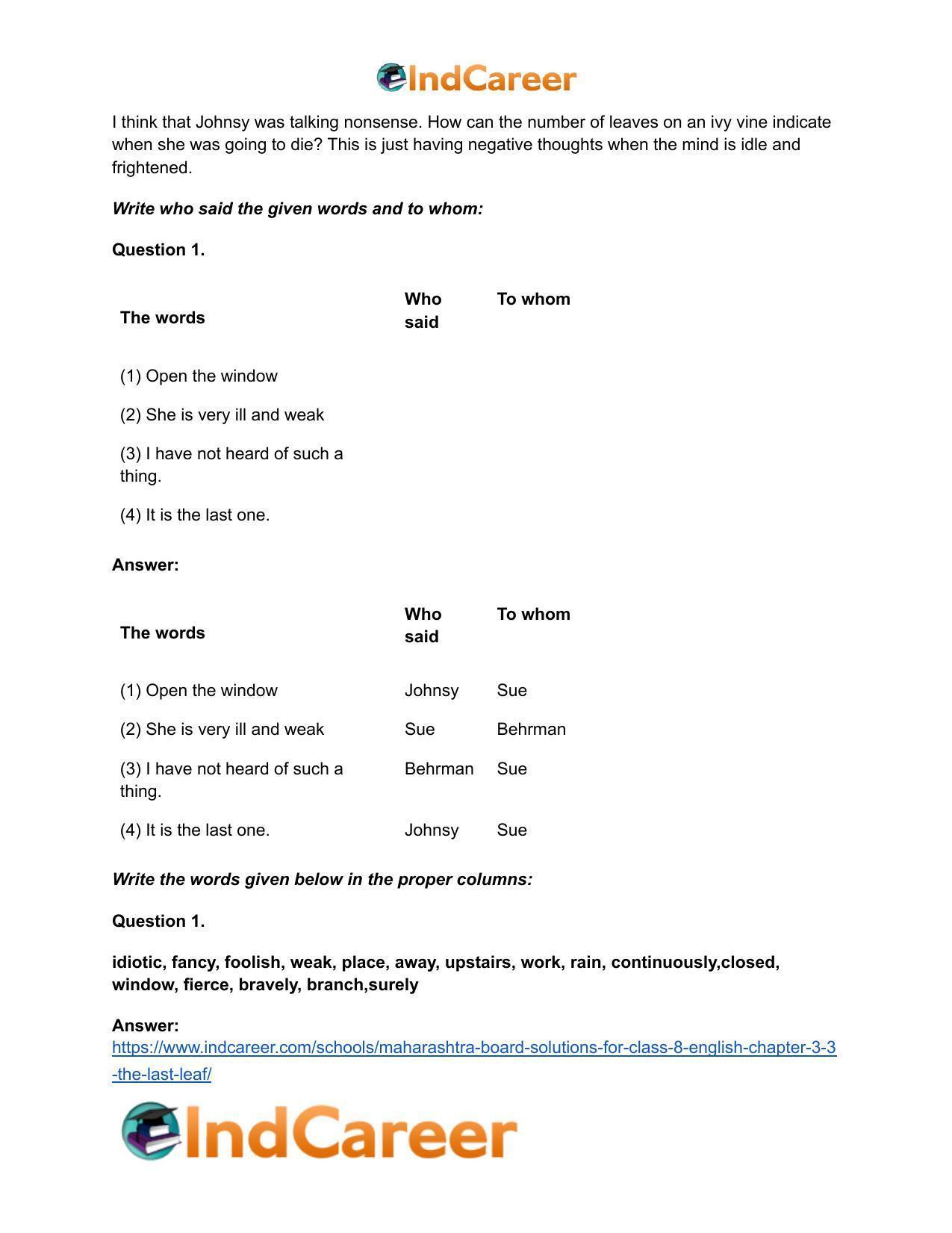 Maharashtra Board Solutions for Class 8- English: Chapter 3.3- The Last Leaf - Page 18