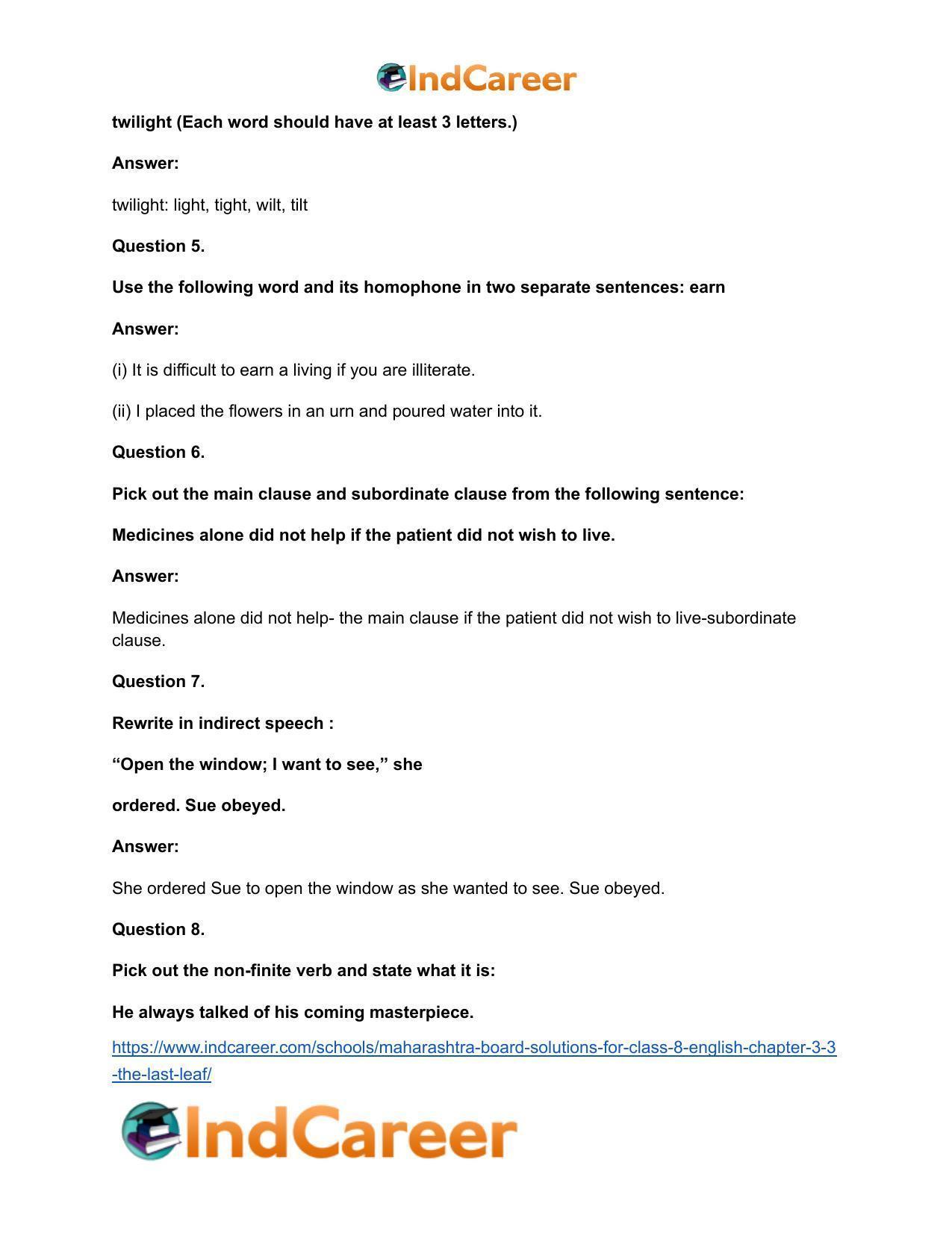 Maharashtra Board Solutions for Class 8- English: Chapter 3.3- The Last Leaf - Page 20