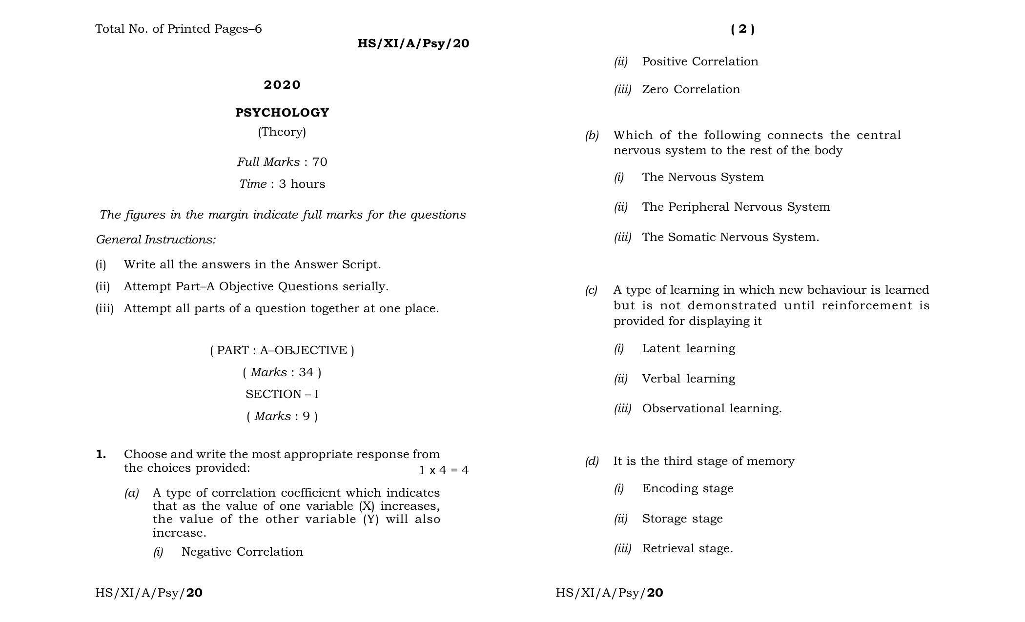 Meghalaya Board (MBOSE) Class 11 Psychology 2020 Question Paper - Page 1