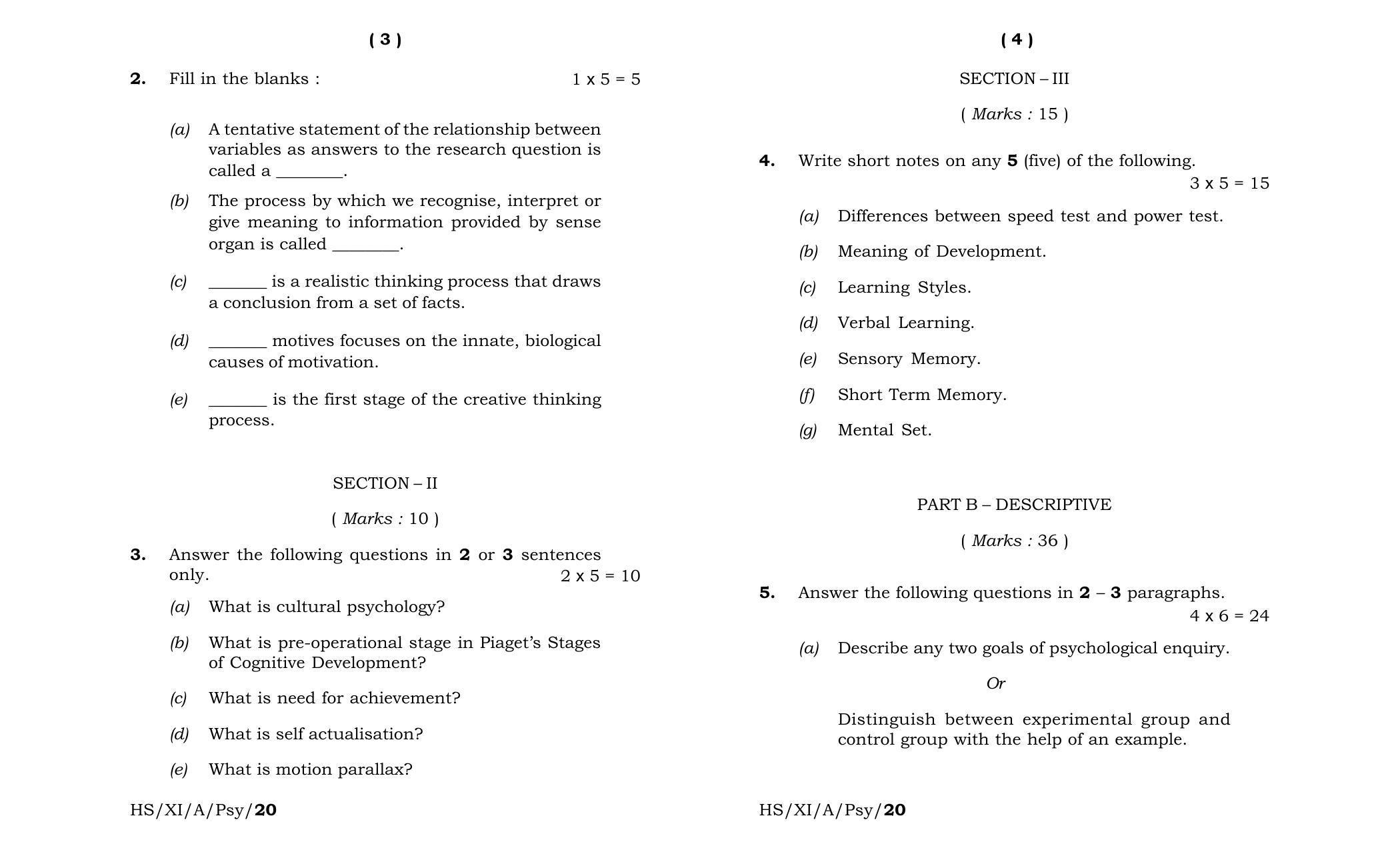 Meghalaya Board (MBOSE) Class 11 Psychology 2020 Question Paper - Page 2