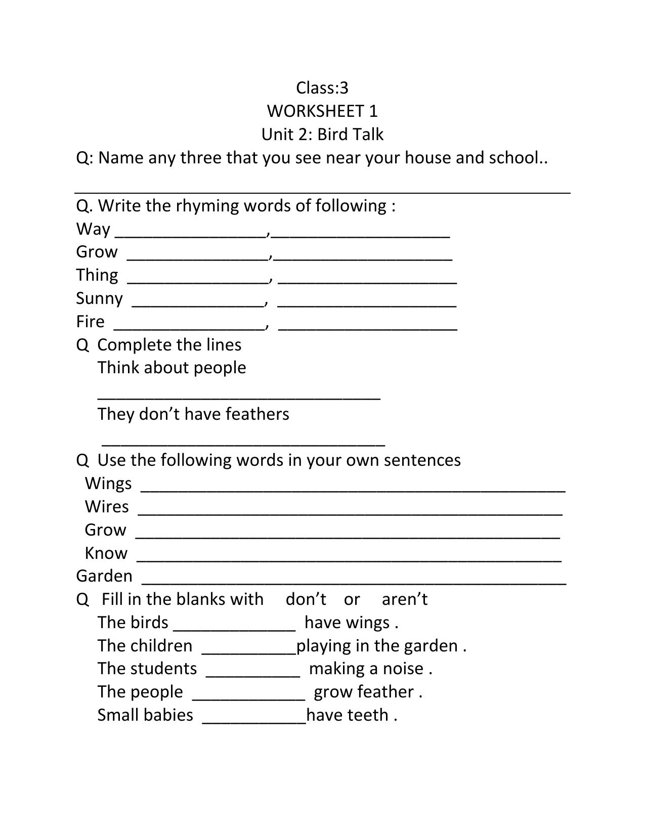 Worksheet for Class 3 English Bird Talk Assignment I - Page 1