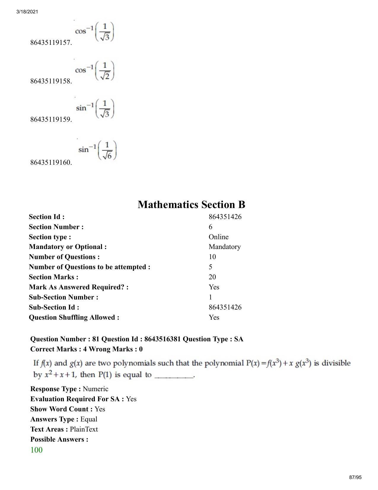 JEE Mains 2021: BTech EMA (Shift 2) 18-03-2021 Question Paper - Page 87