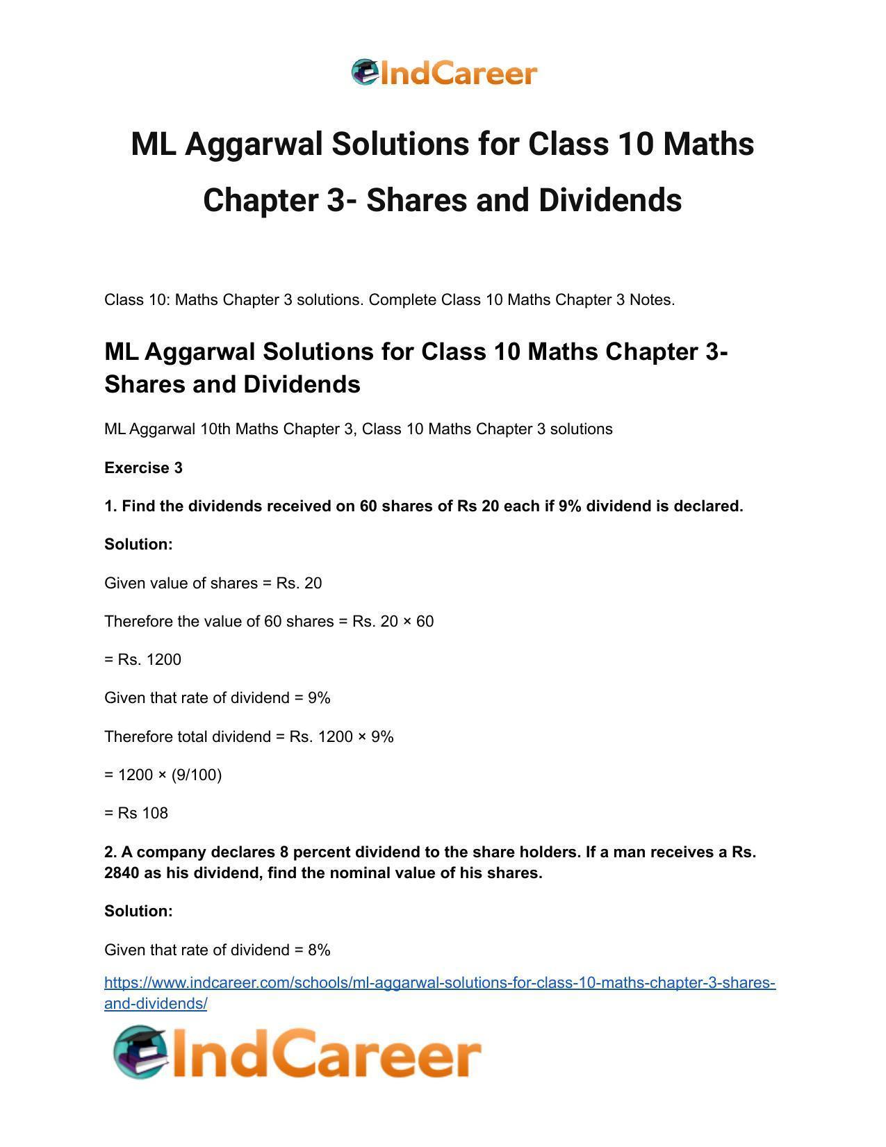 ML Aggarwal Solutions for Class 10 Maths Chapter 3- Shares and Dividends - Page 2
