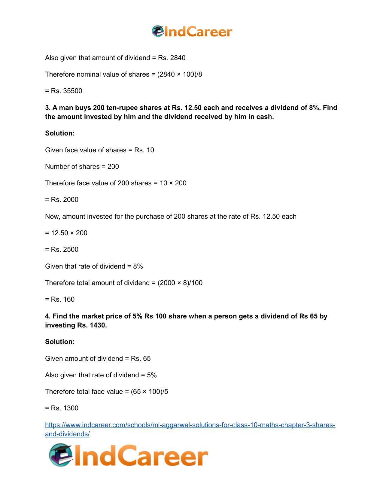 ML Aggarwal Solutions for Class 10 Maths Chapter 3- Shares and Dividends - Page 3