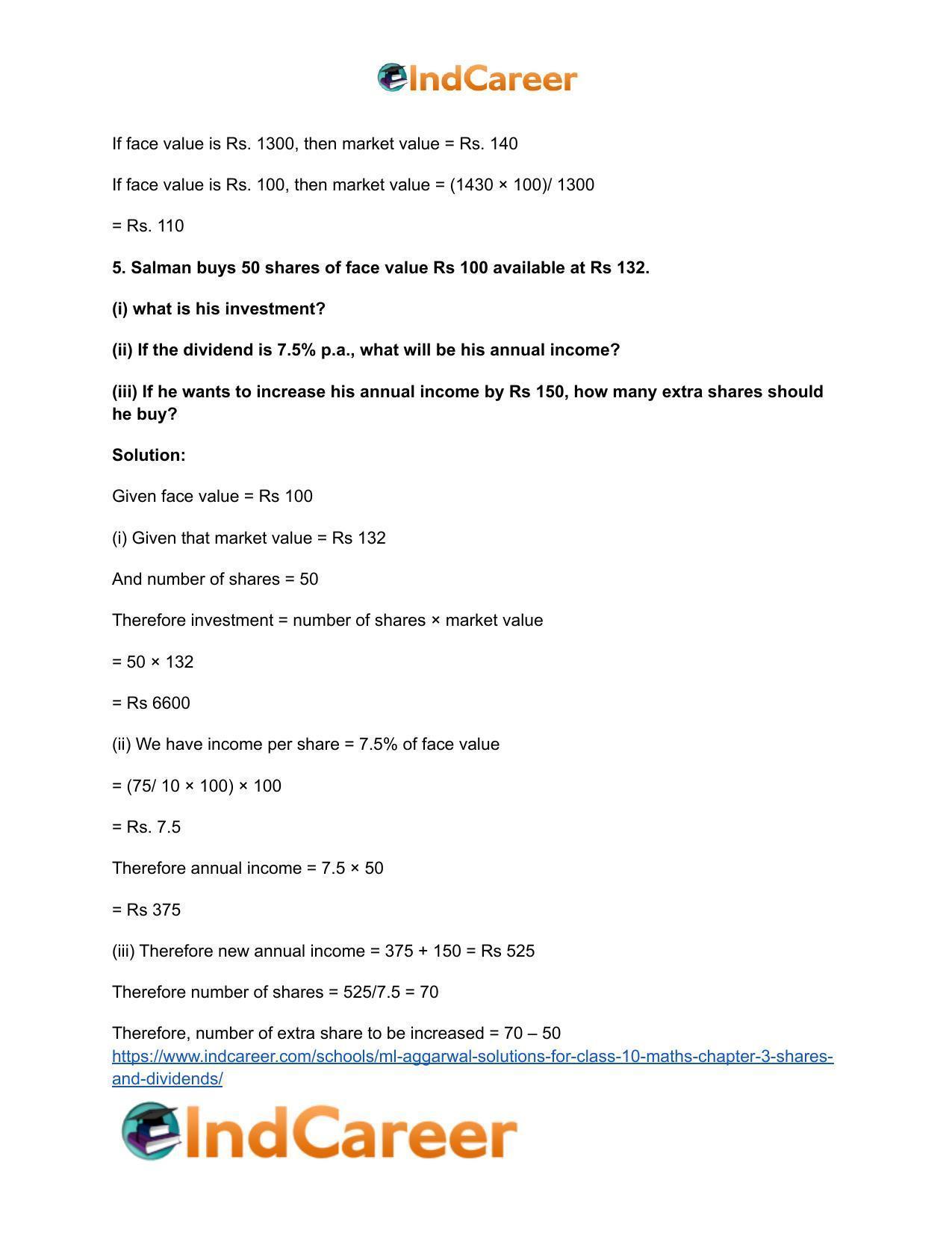 ML Aggarwal Solutions for Class 10 Maths Chapter 3- Shares and Dividends - Page 4