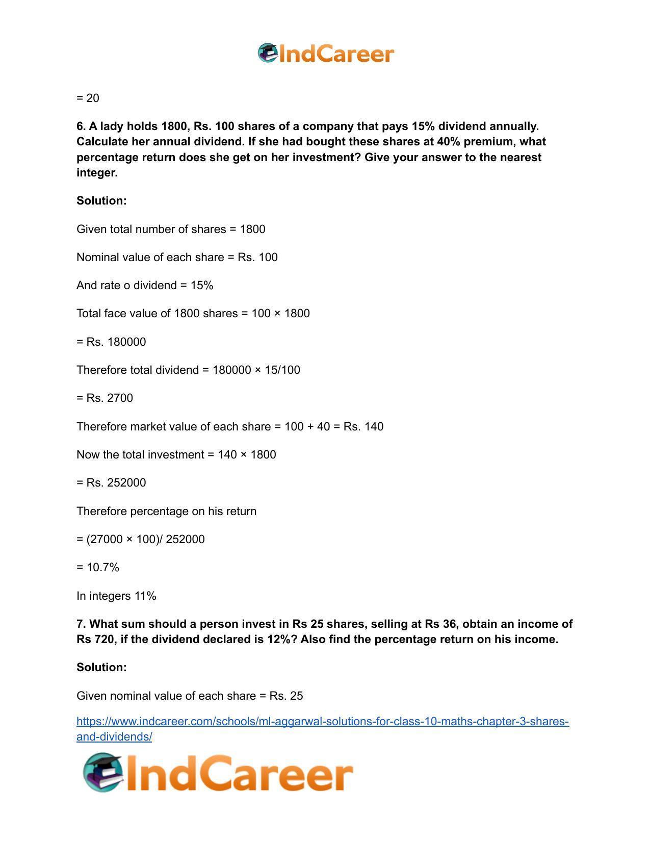 ML Aggarwal Solutions for Class 10 Maths Chapter 3- Shares and Dividends - Page 5