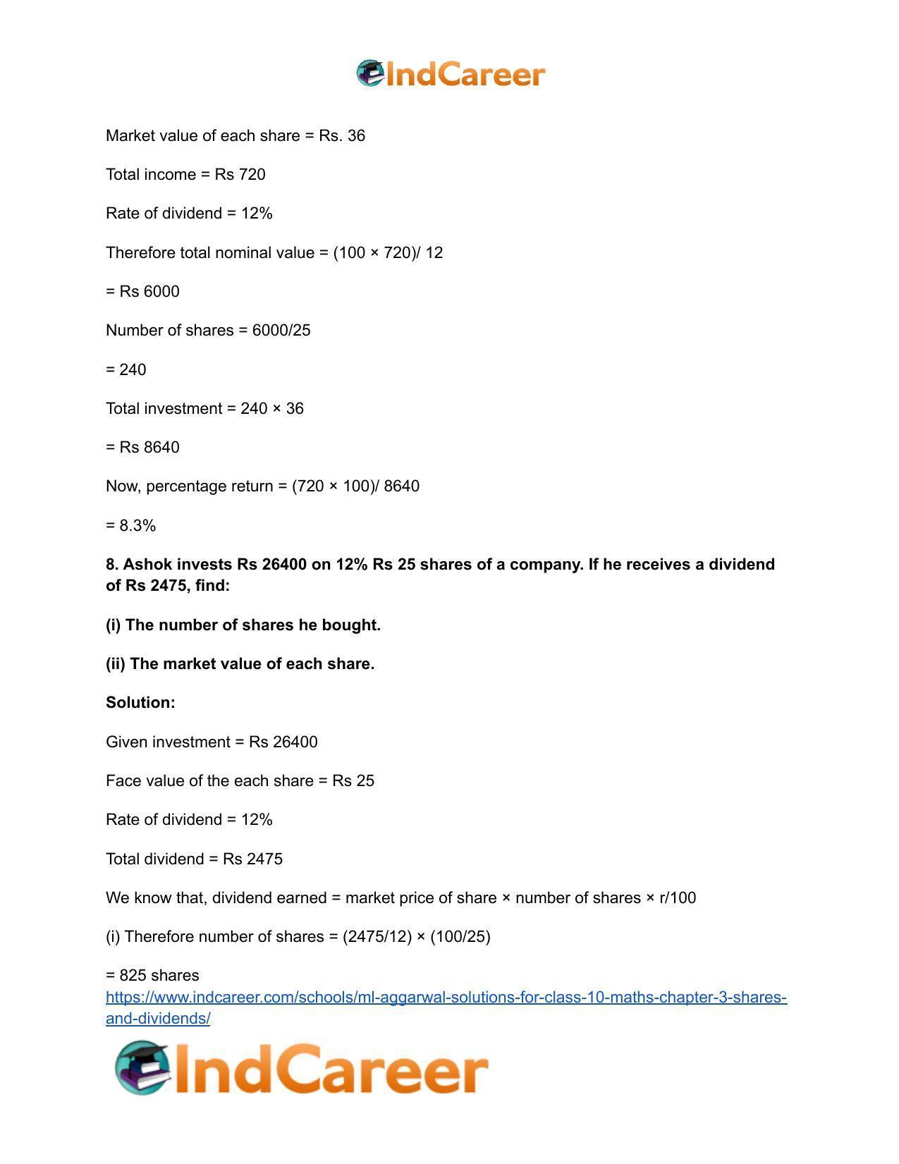 ML Aggarwal Solutions for Class 10 Maths Chapter 3- Shares and Dividends - Page 6